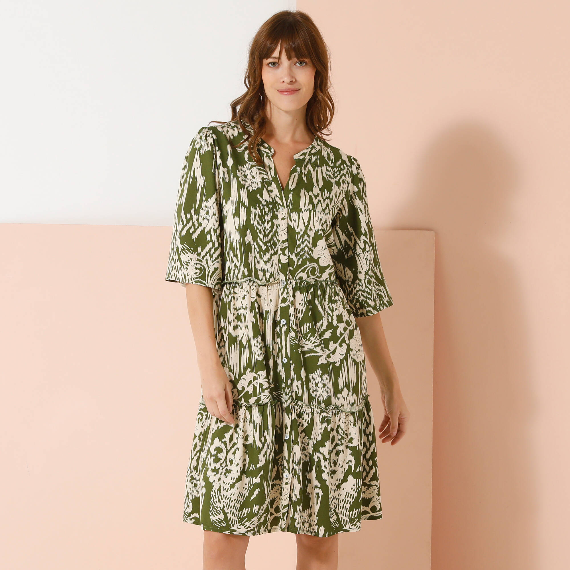 Robe évasée à volants, imprimé ethnique bicolore - Blancheporte