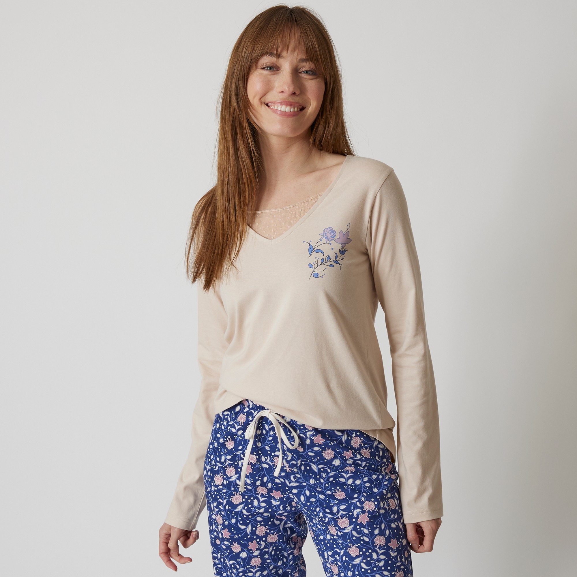 T-shirt Pyjama Manches Longues Motif Floral Imprimé - Blancheporte