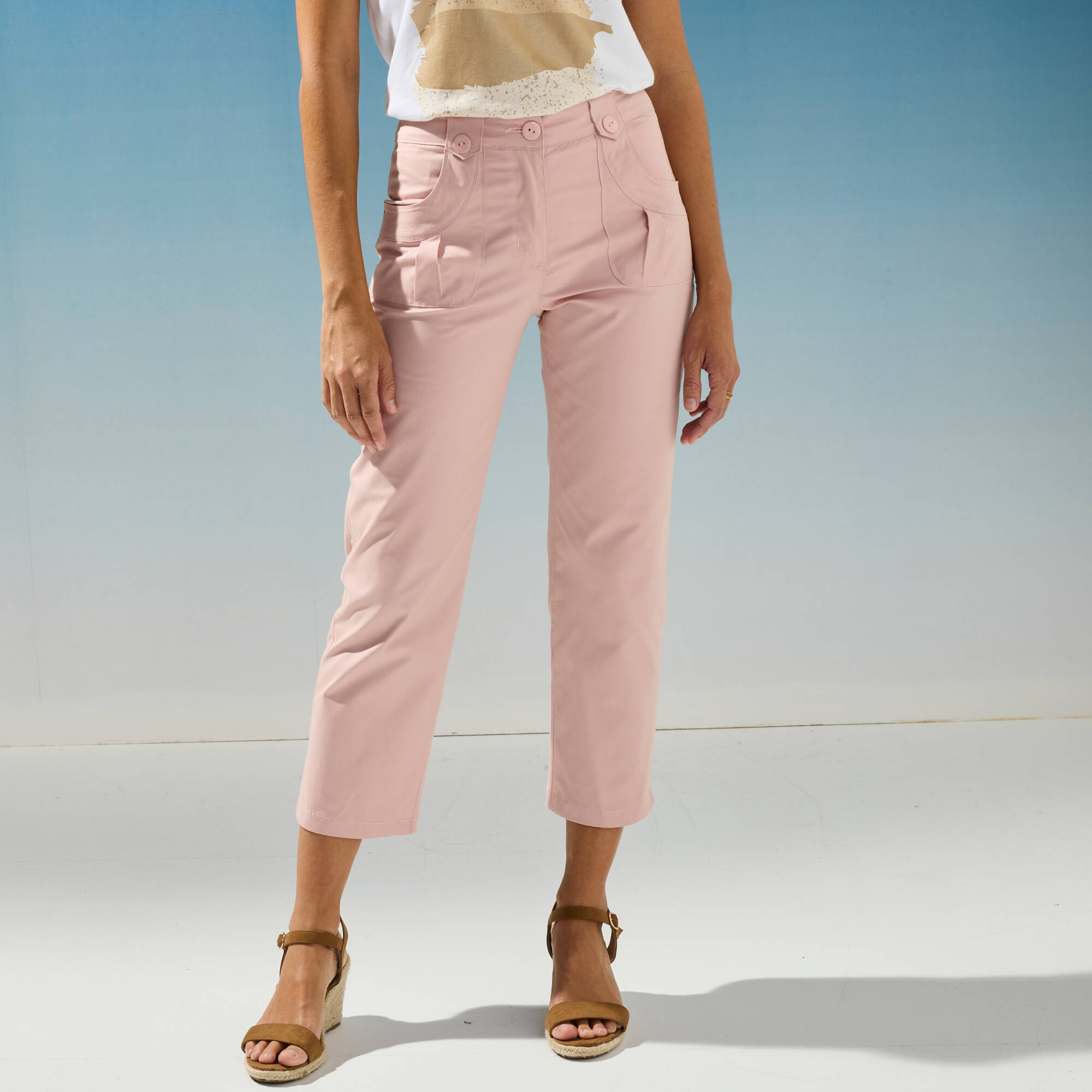 Pantacourt droit stretch, rose poudré Blancheporte