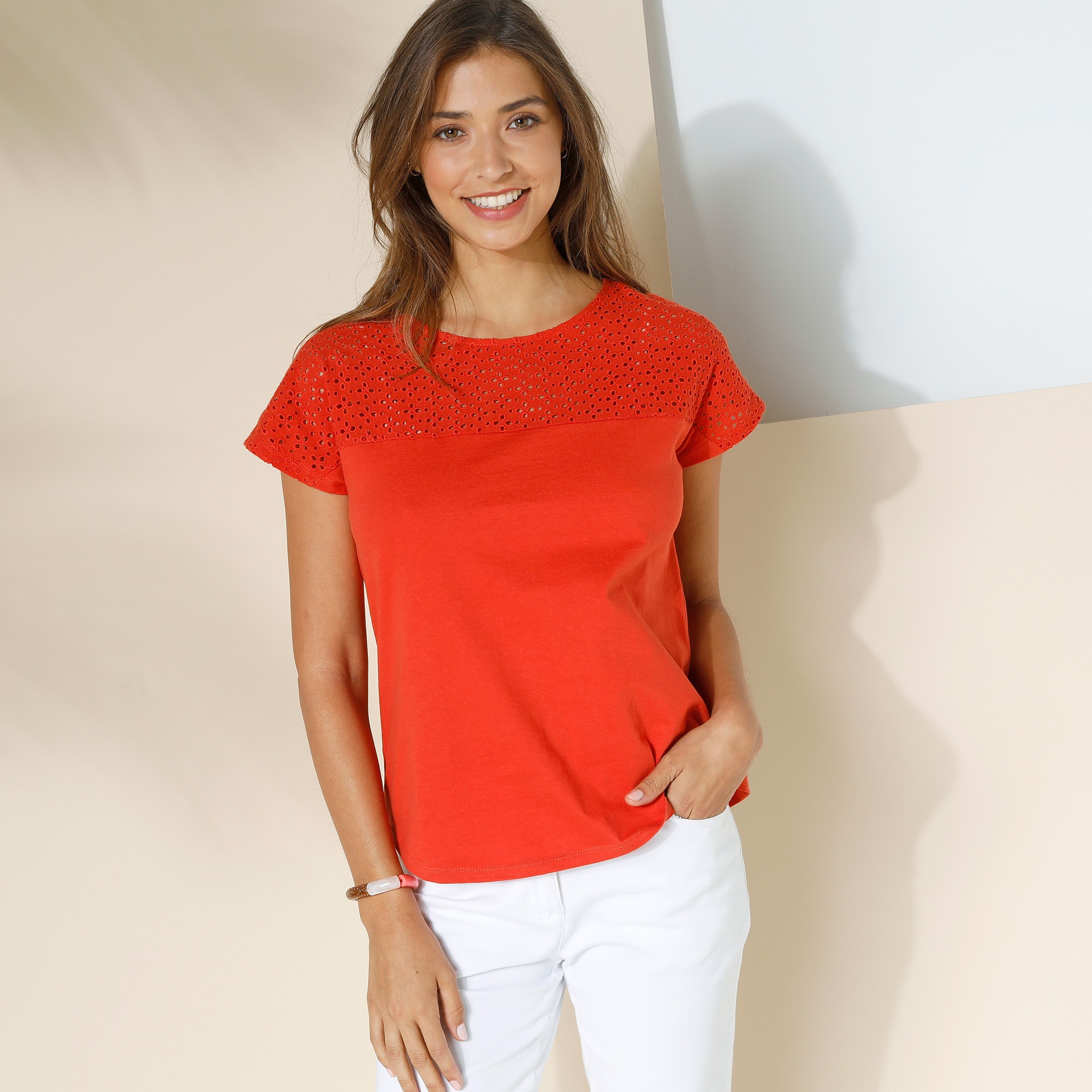 T-shirt Col Rond Manches Courtes, Broderie Anglaise - Blancheporte