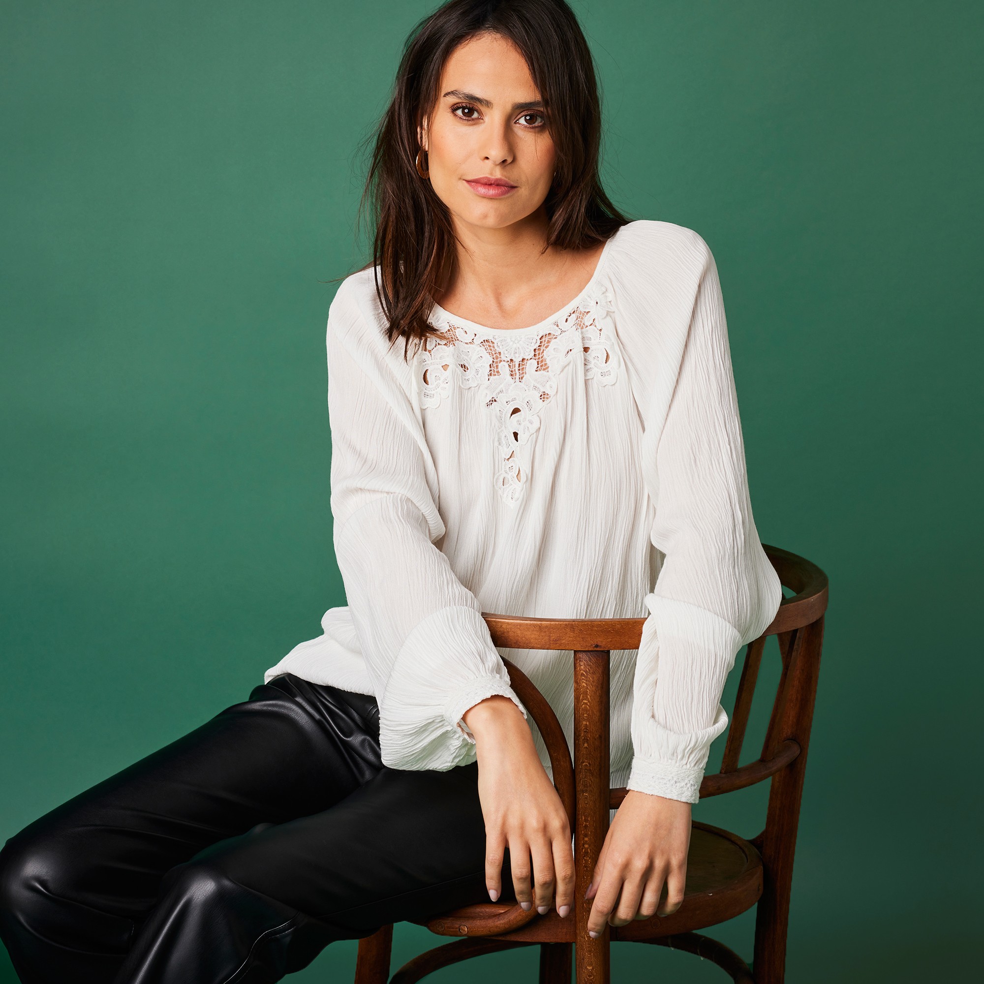 Blouse Manches Longues Col Macramé - Blancheporte