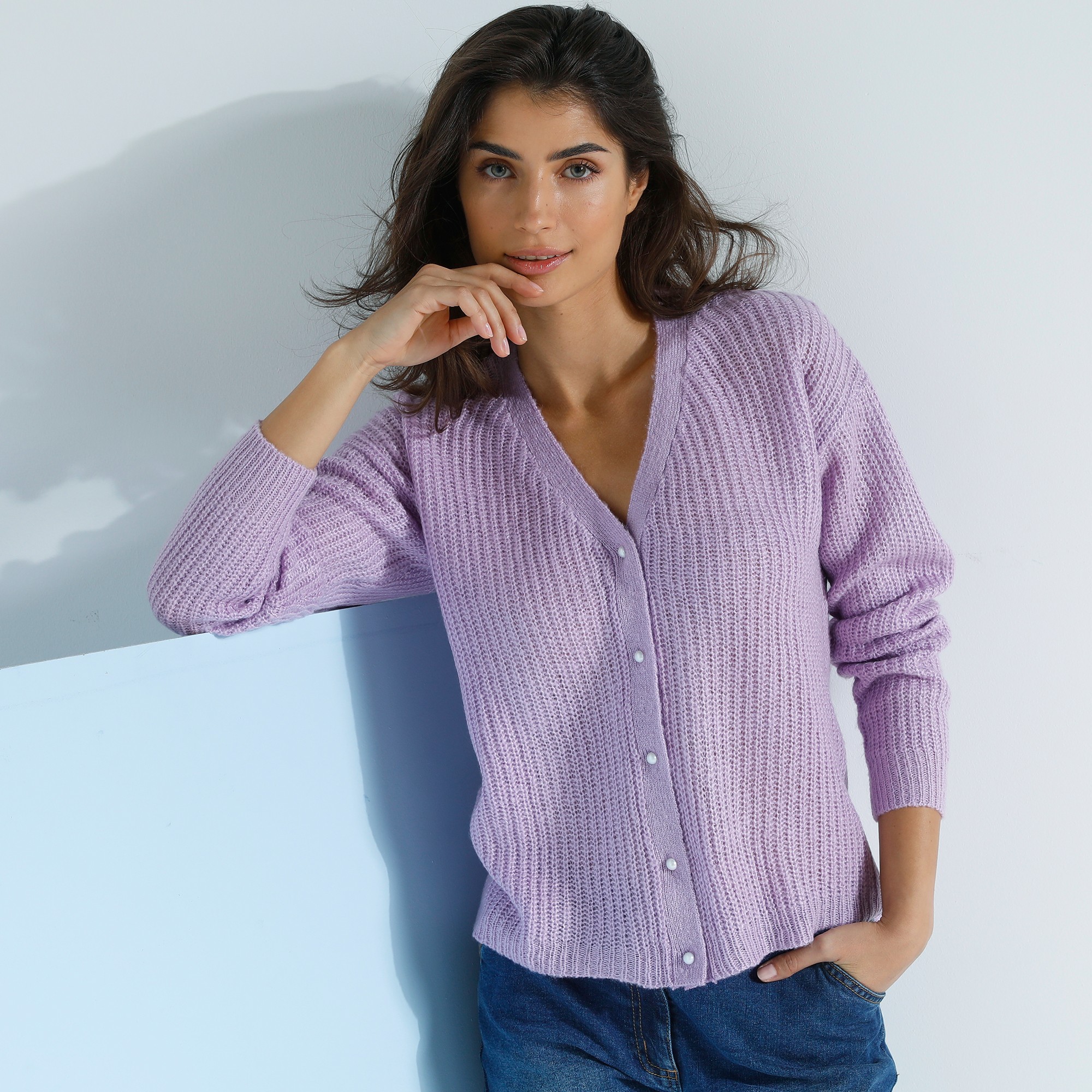 Gilet Col V Boutonné, Maille Anglaise - Blancheporte