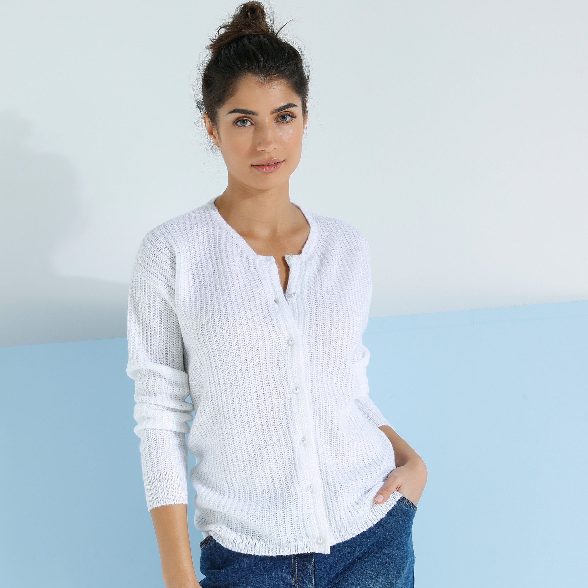 Cardigan Boutons Perles Fantaisie, Maille Anglaise - Blancheporte