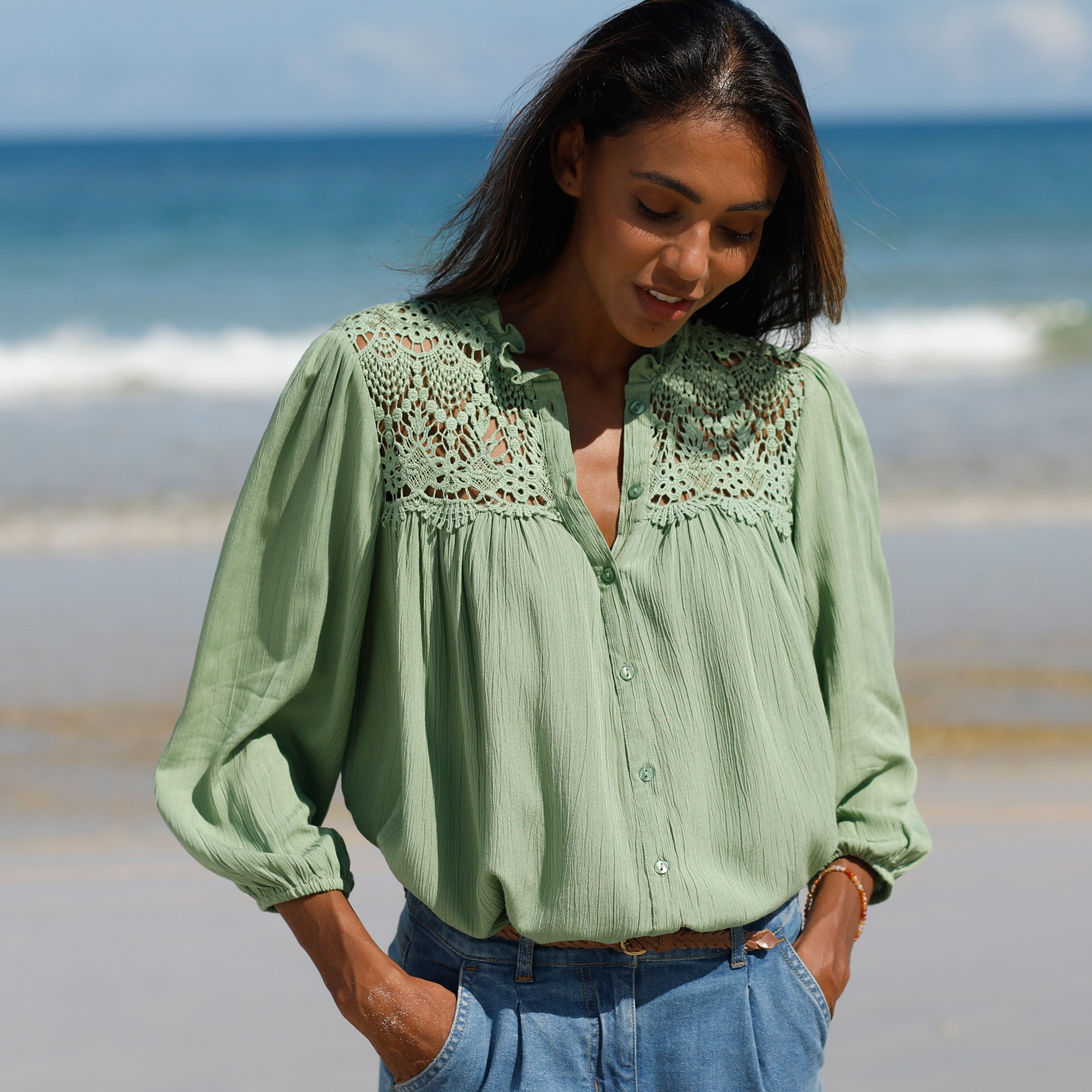 Chemisier Boutonné Macramé, Col Volanté - Blancheporte