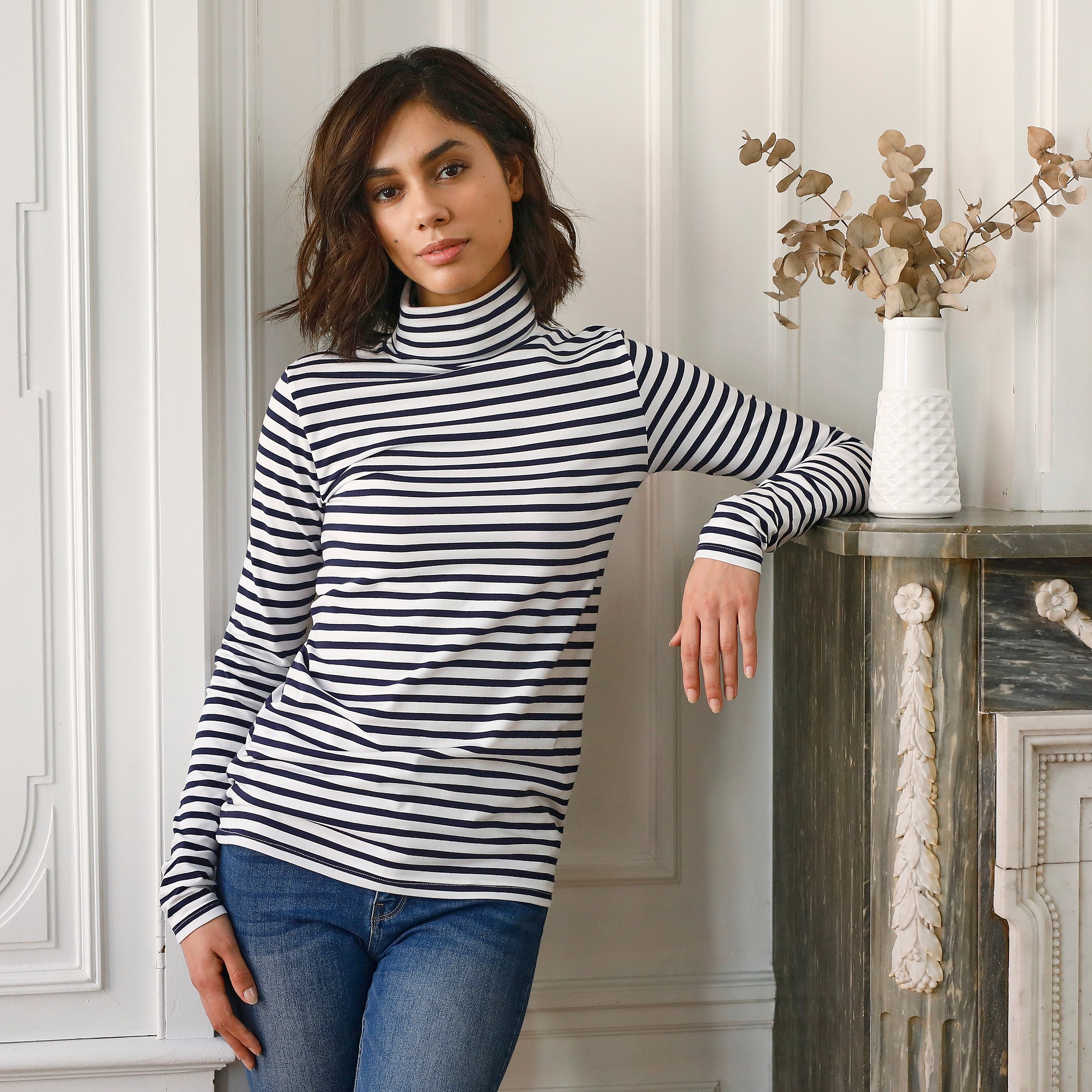 Sous pull coton top col roulé femme