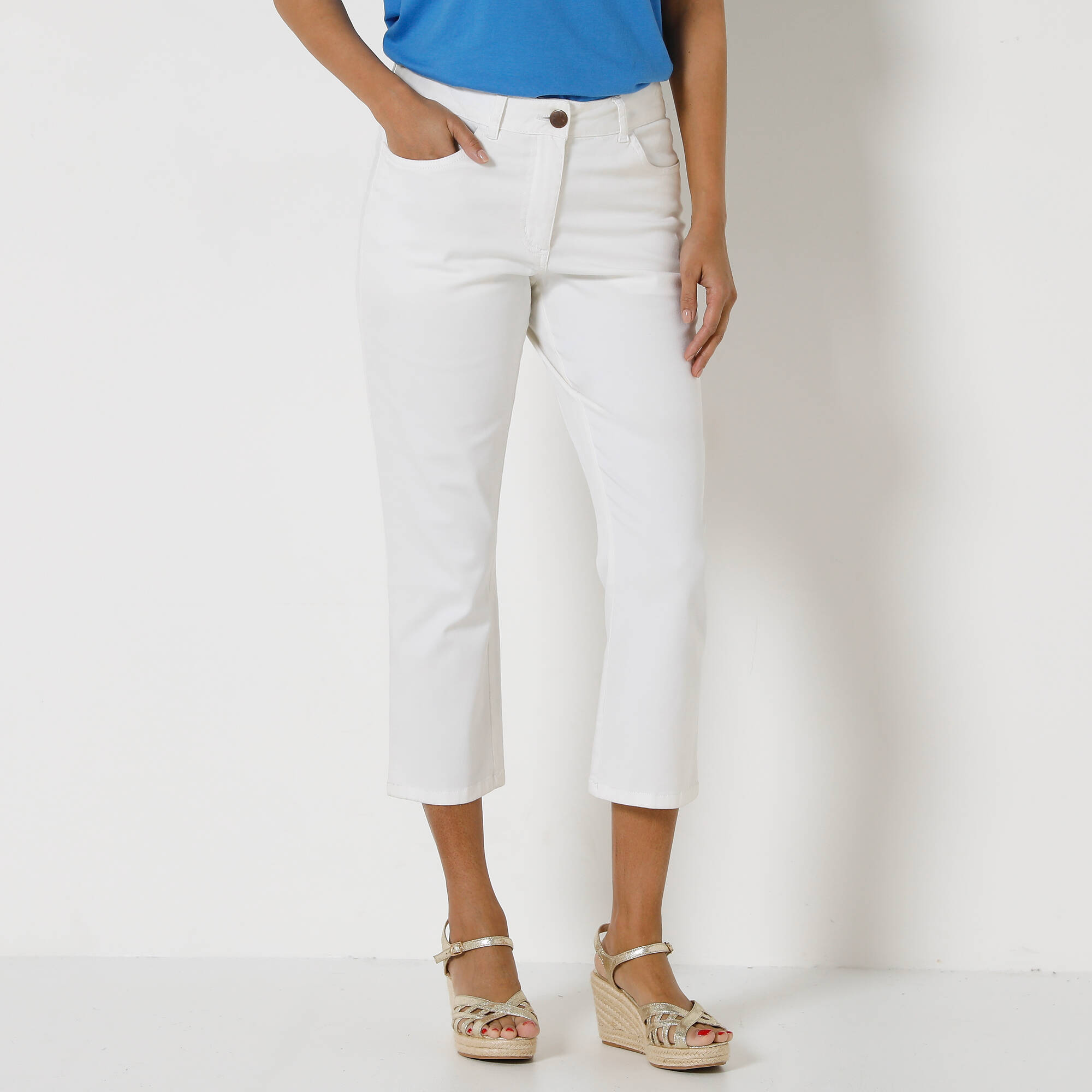 Pantacourt effet ventre plat coton stretch, blanc Blancheporte