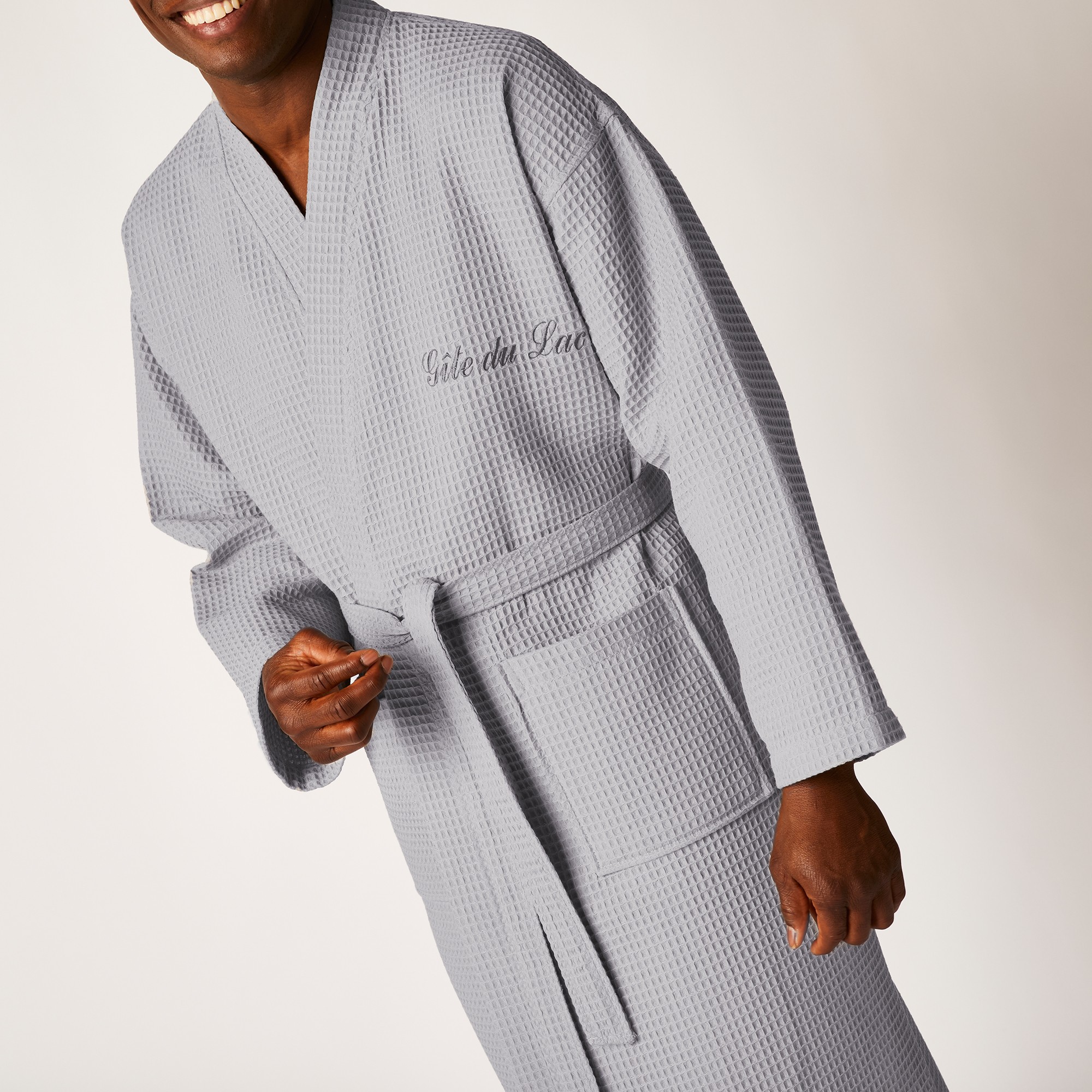 Peignoir de bain mixte adulte personnalisable nid d abeille 280 g m2 gris Blancheporte