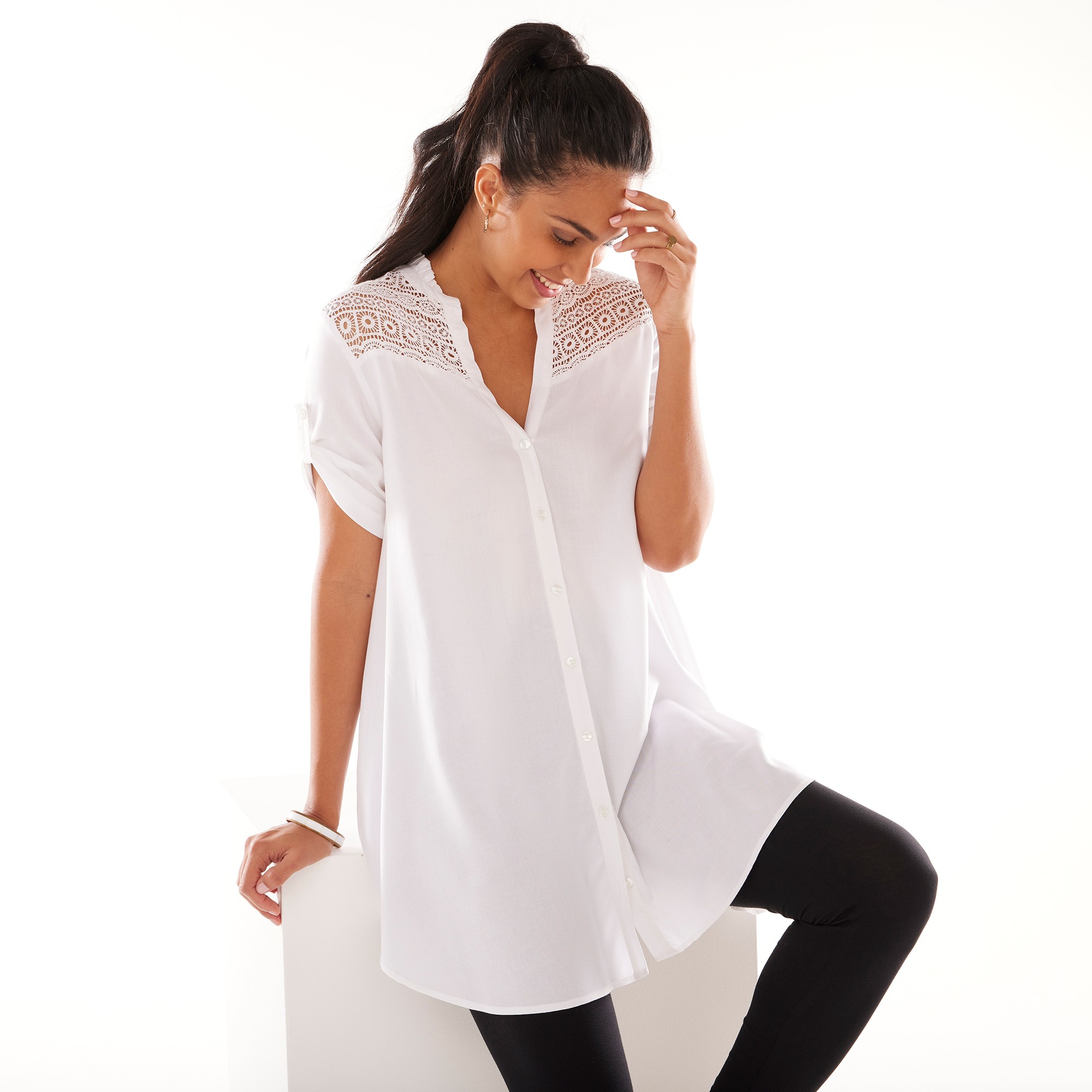 Tunique Boutonnée Macramé Unie - Blancheporte