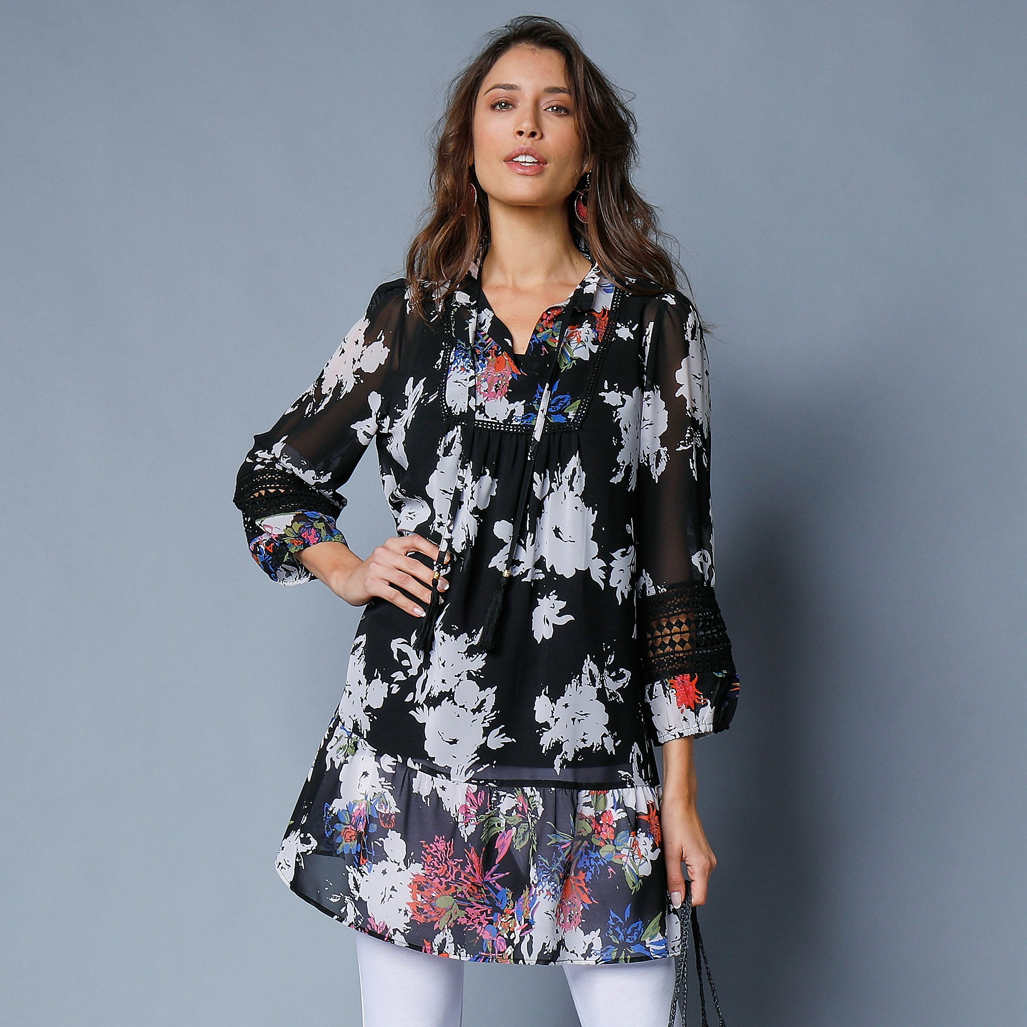 Tunique imprimée volantée manches 3/4 - 42 - Noir - Lora Zellini