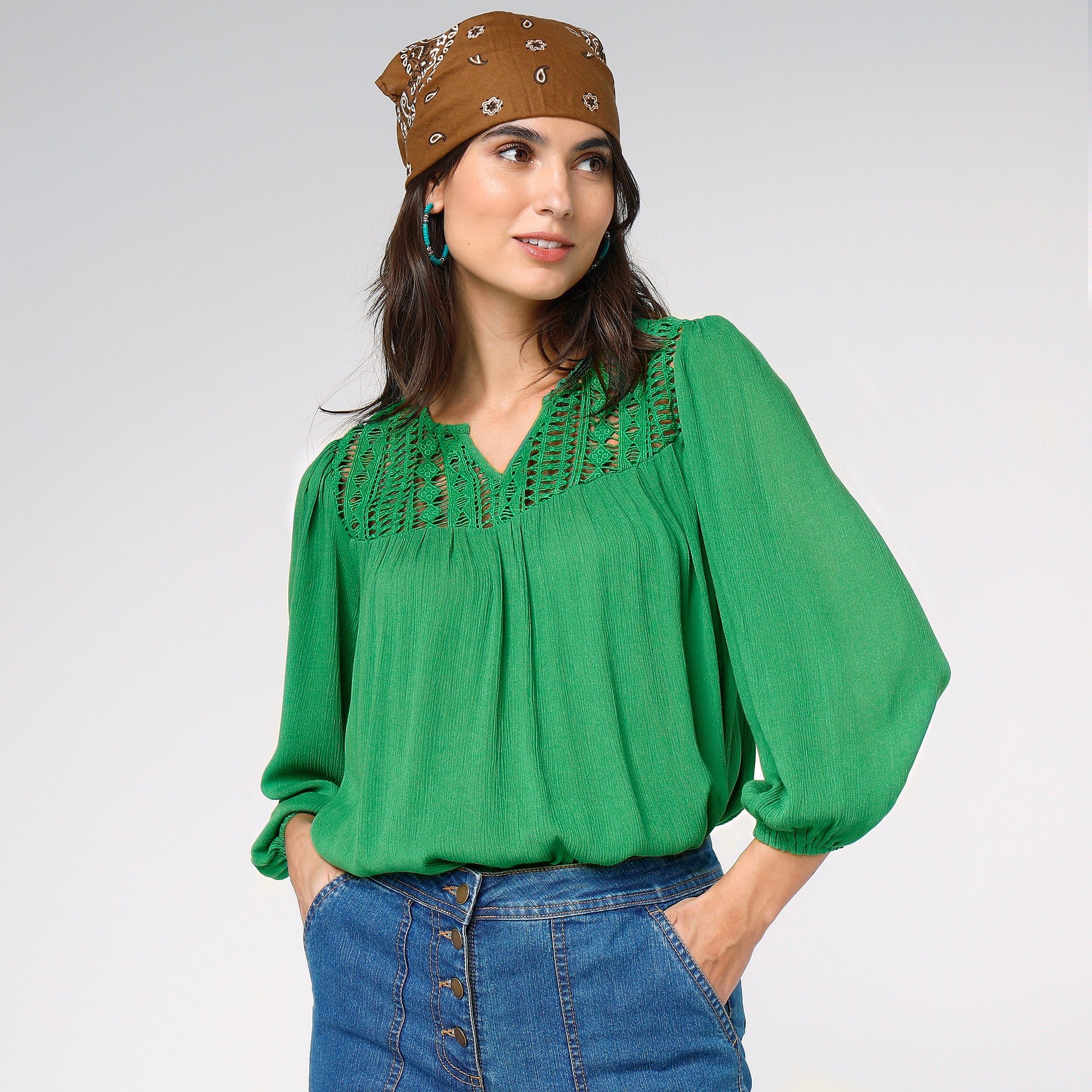 Blouse macramé manches 3/4 - 54 - Vert - Lora Zellini