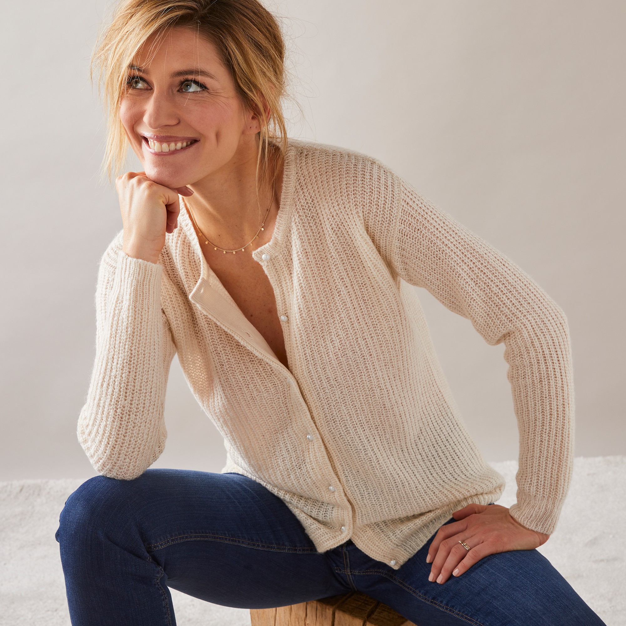 Cardigan Boutons Perles Fantaisie, Maille Anglaise - Blancheporte