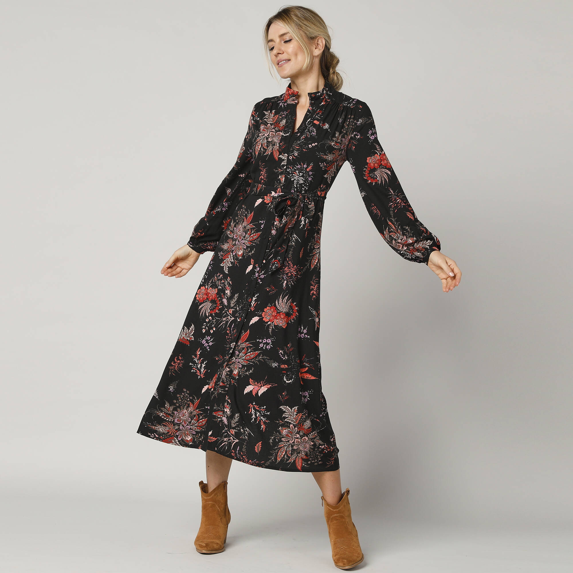 Robe chemisier longue bas evase noir paprika Blancheporte