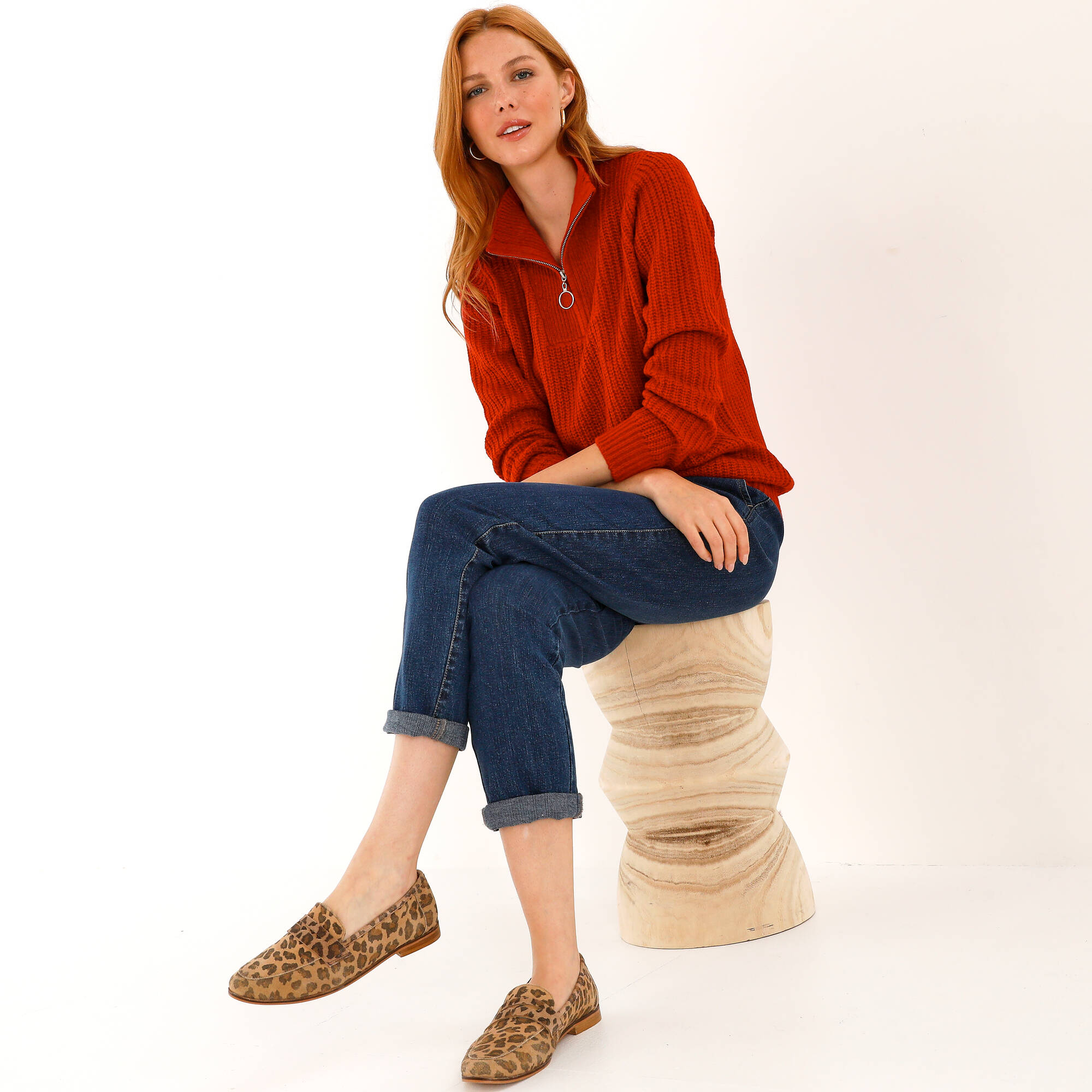 Pull col zippé, maille anglaise - Blancheporte