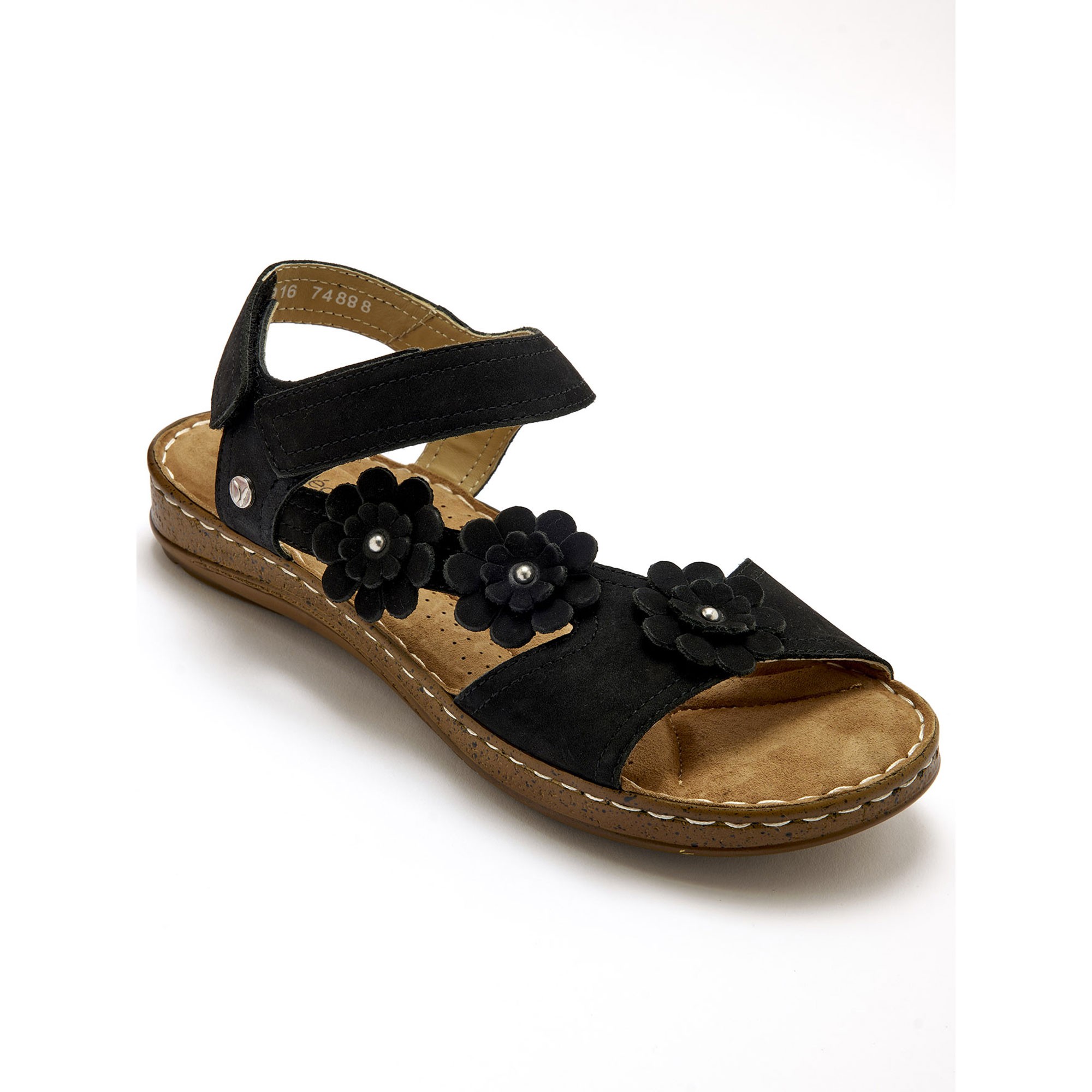 Sandales scratchées à fleurs, cuir velours - 41 - Noir - Pédiconfort