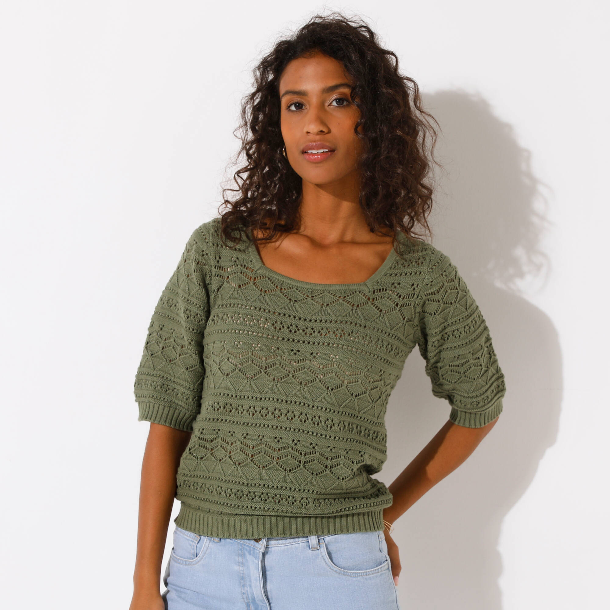 DESIGN - Pull D'ensemble Court En Maille Ajouru00e9e U00e0 Col En V - Kaki