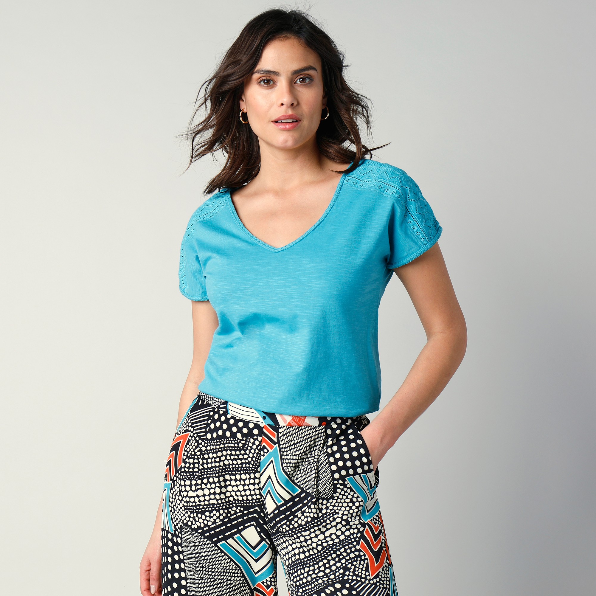 Tee-shirt Forme Boîte, Finition Broderie Et Tresse Fantaisie - Blancheporte