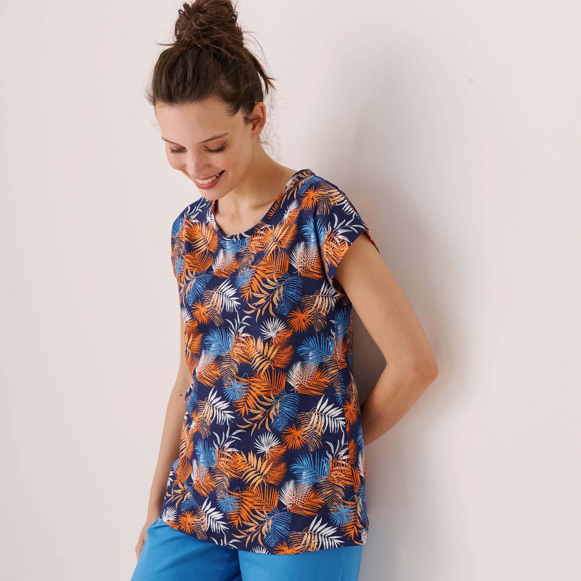 T-shirt de pyjama en coton manches courtes - imprimé tropical - Blancheporte