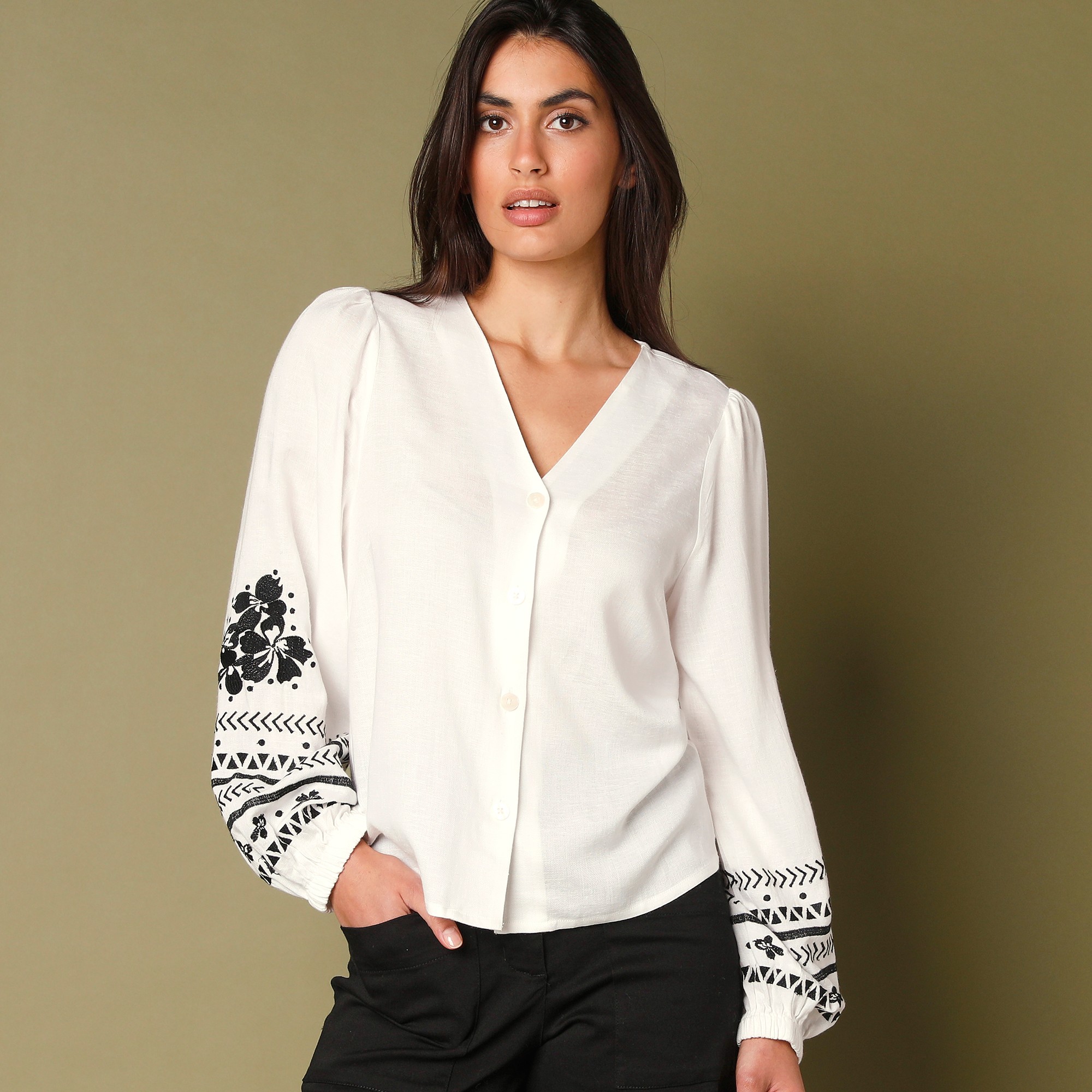 Chemisier brodé, coton lin mélangé - 42 - Écru - Lora Zellini