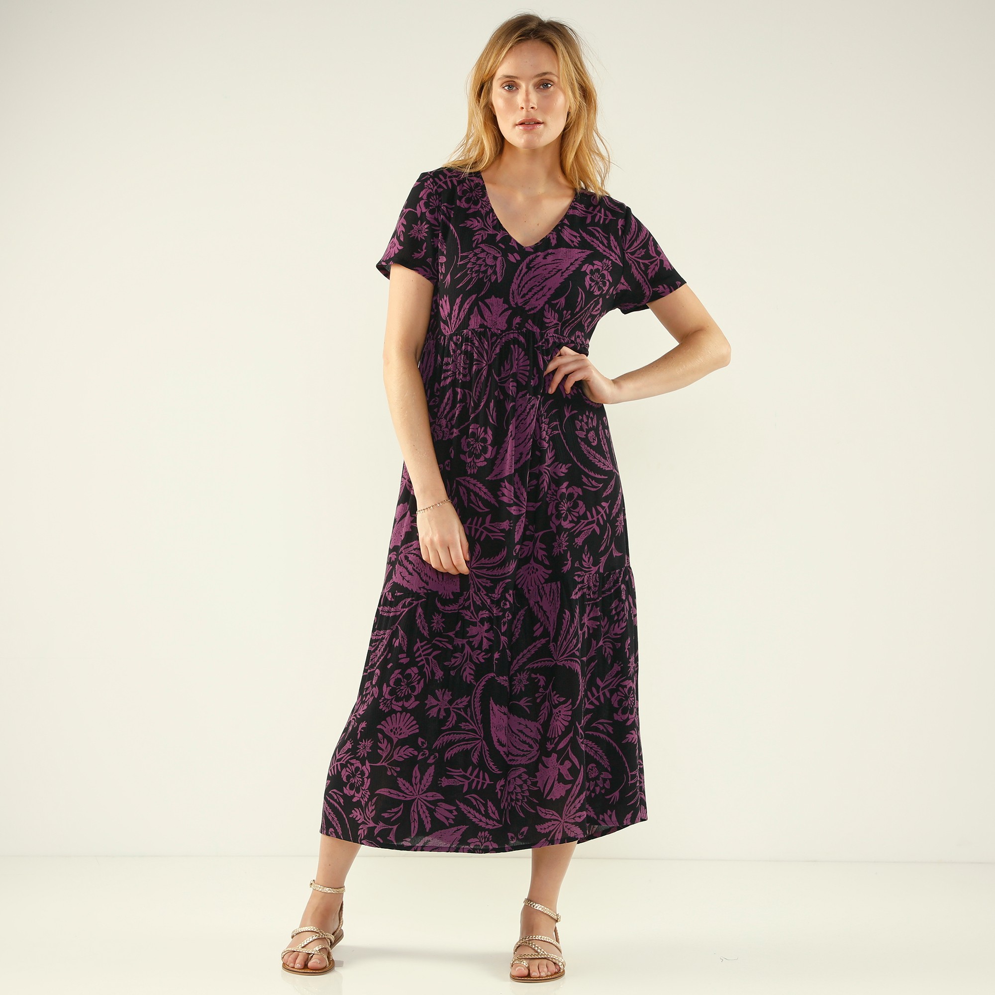 Robe Longue Imprimée Col V, Crépon - Blancheporte