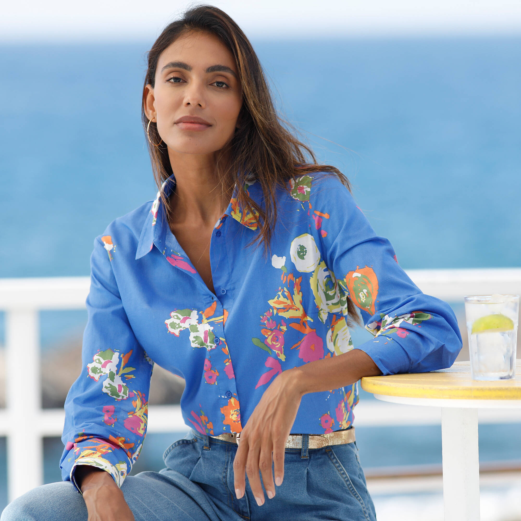 Chemise imprimé fleuri maxi, coton, bleu multicolore Blancheporte