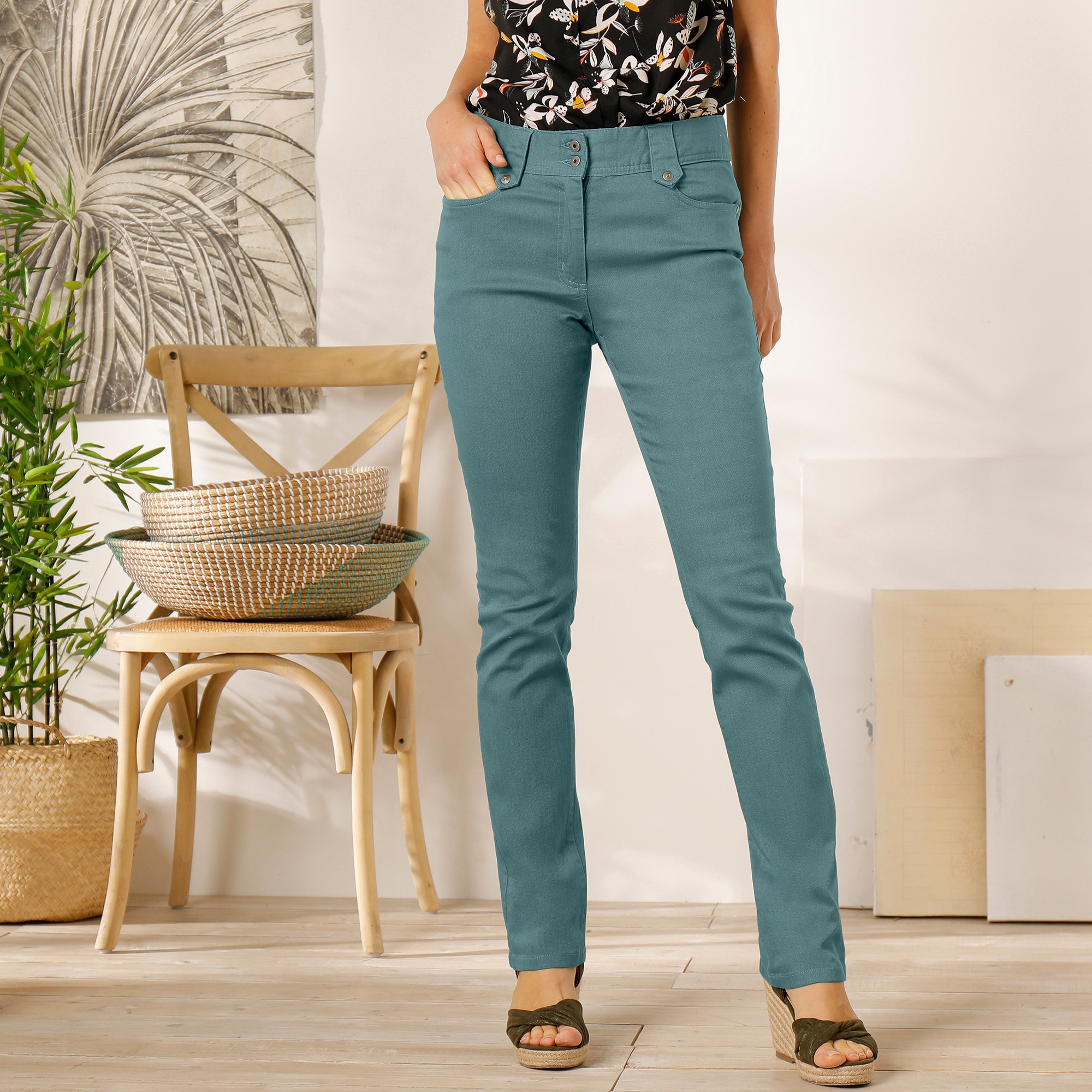 Pantalon droit taille haute effet denim petite stature