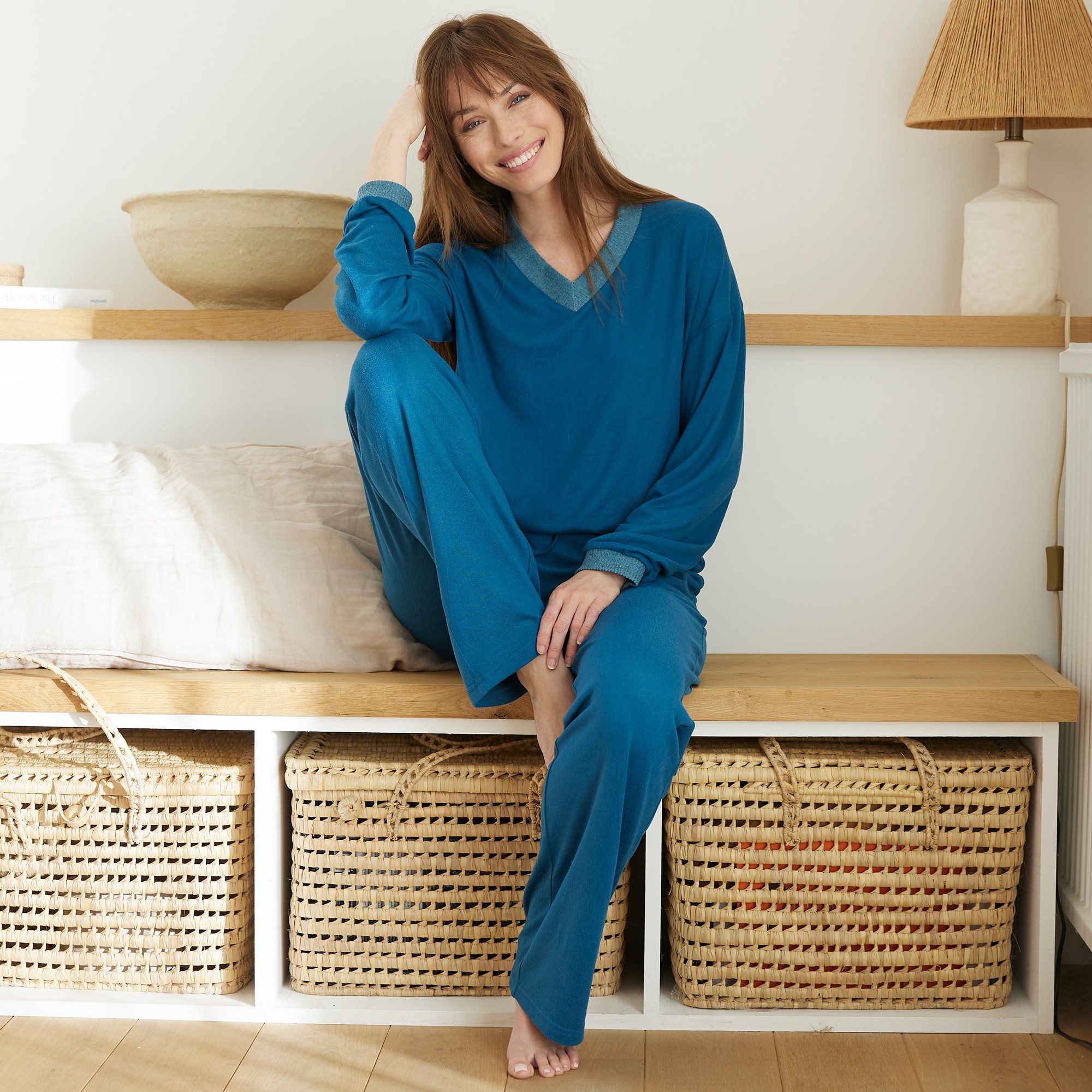 Pyjama manches longues en maille fluide bleu canard Blancheporte