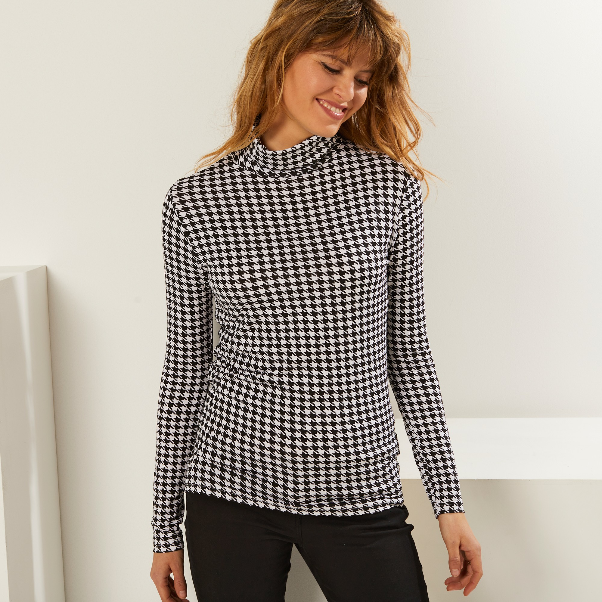 Sous-pull Col Montant Imprimé Pied-de-poule, Stretch - Blancheporte