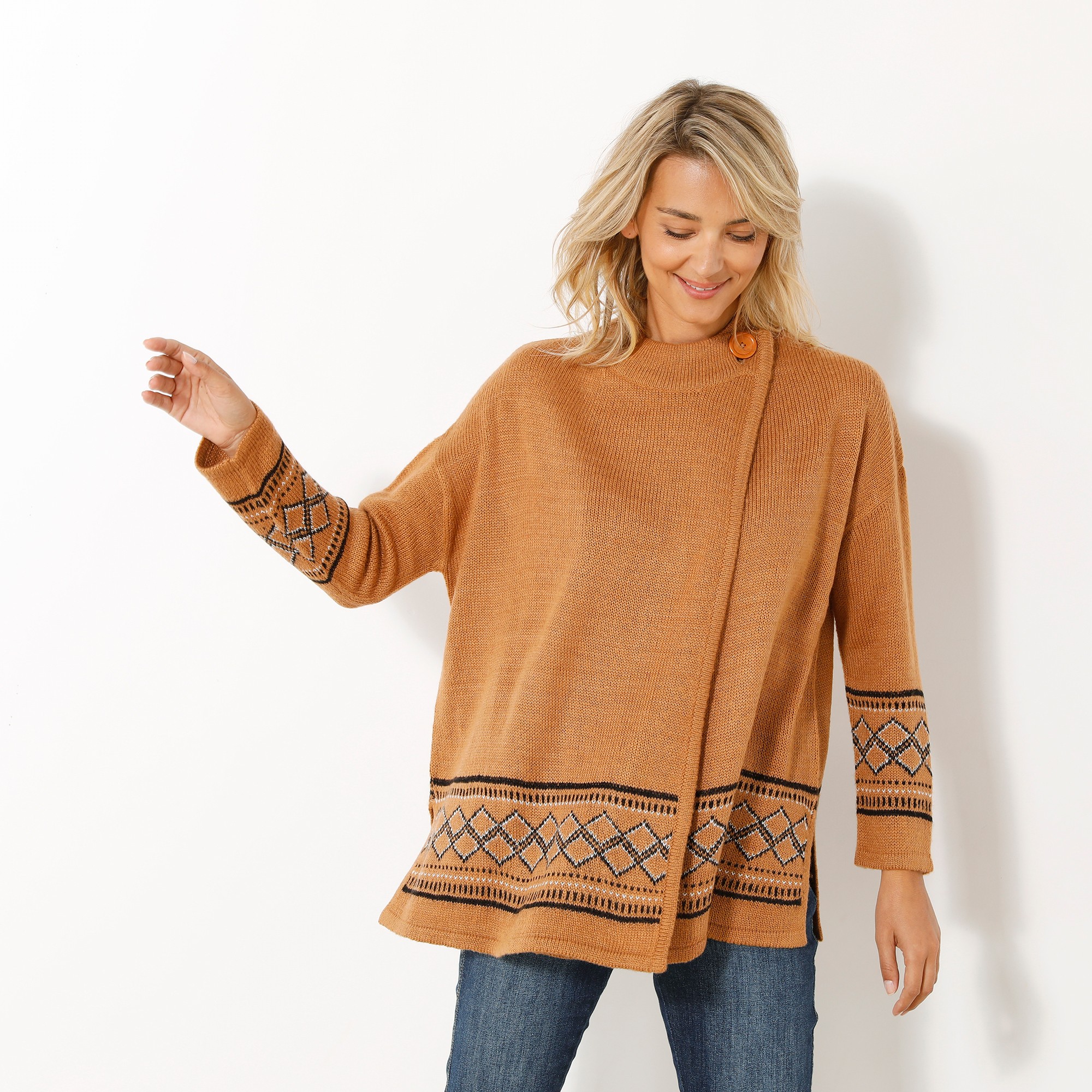 Gilet Cape Base Jacquard, Col Montant - Blancheporte