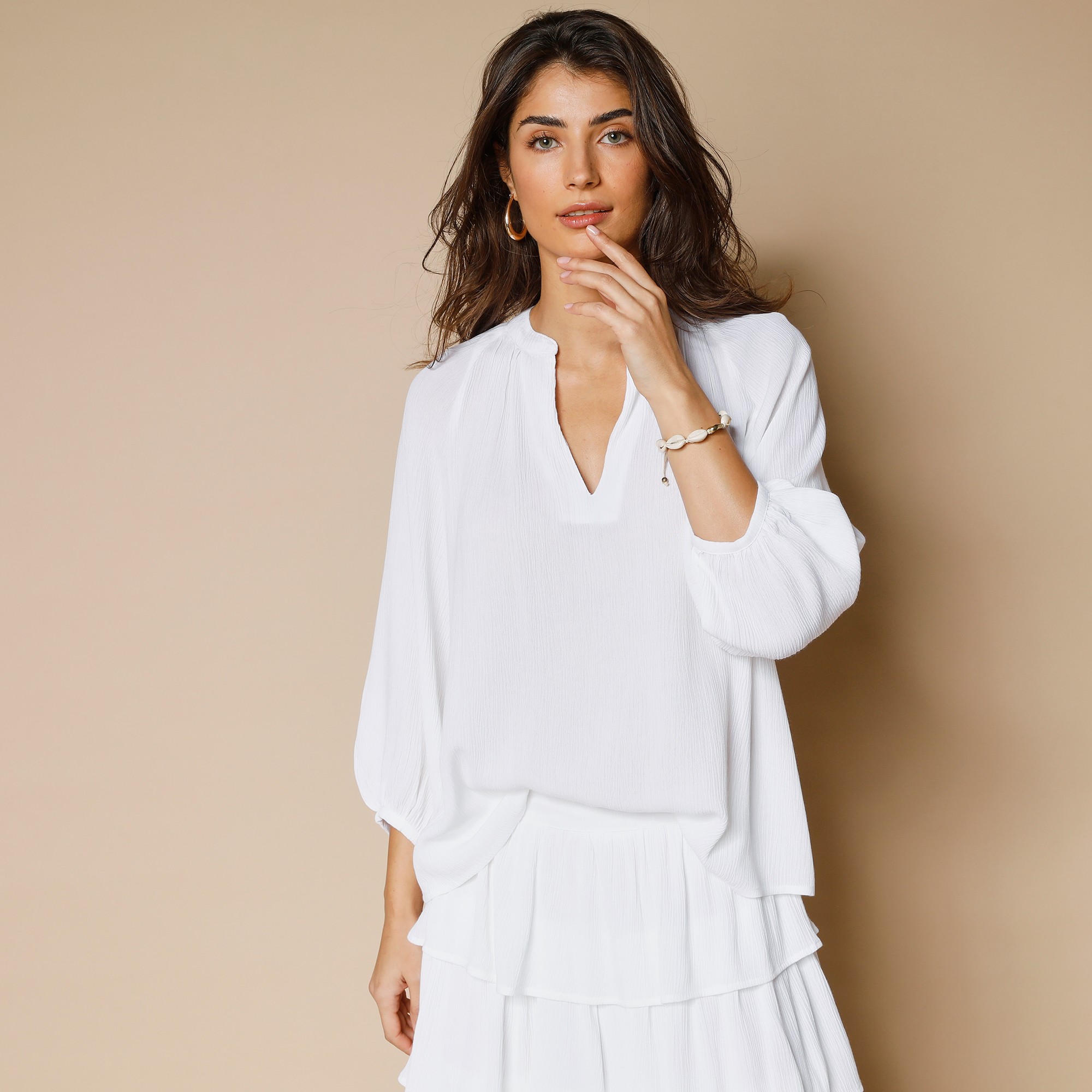 Blouse col tunisien crepon uni blanc Blancheporte