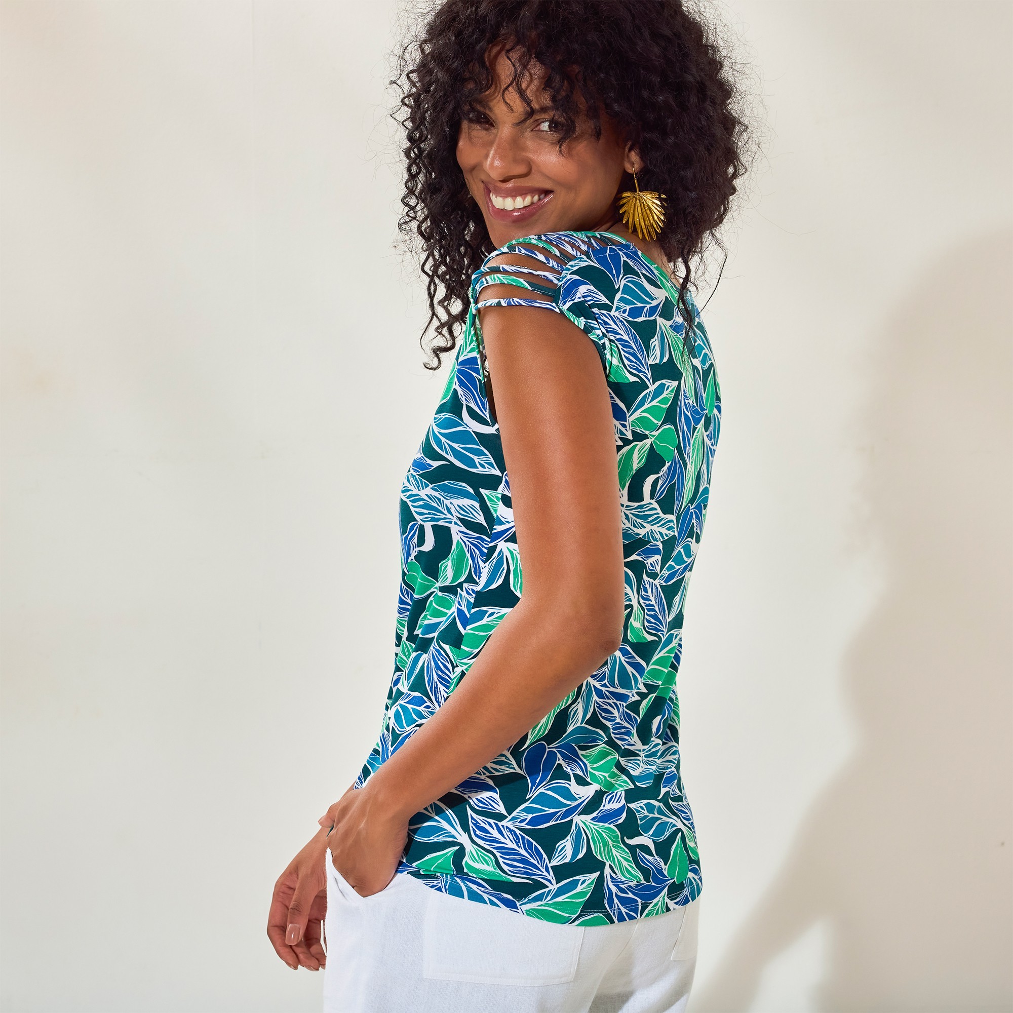 T-shirt Boite Laçage Épaules, Imprimé Feuilles - Blancheporte