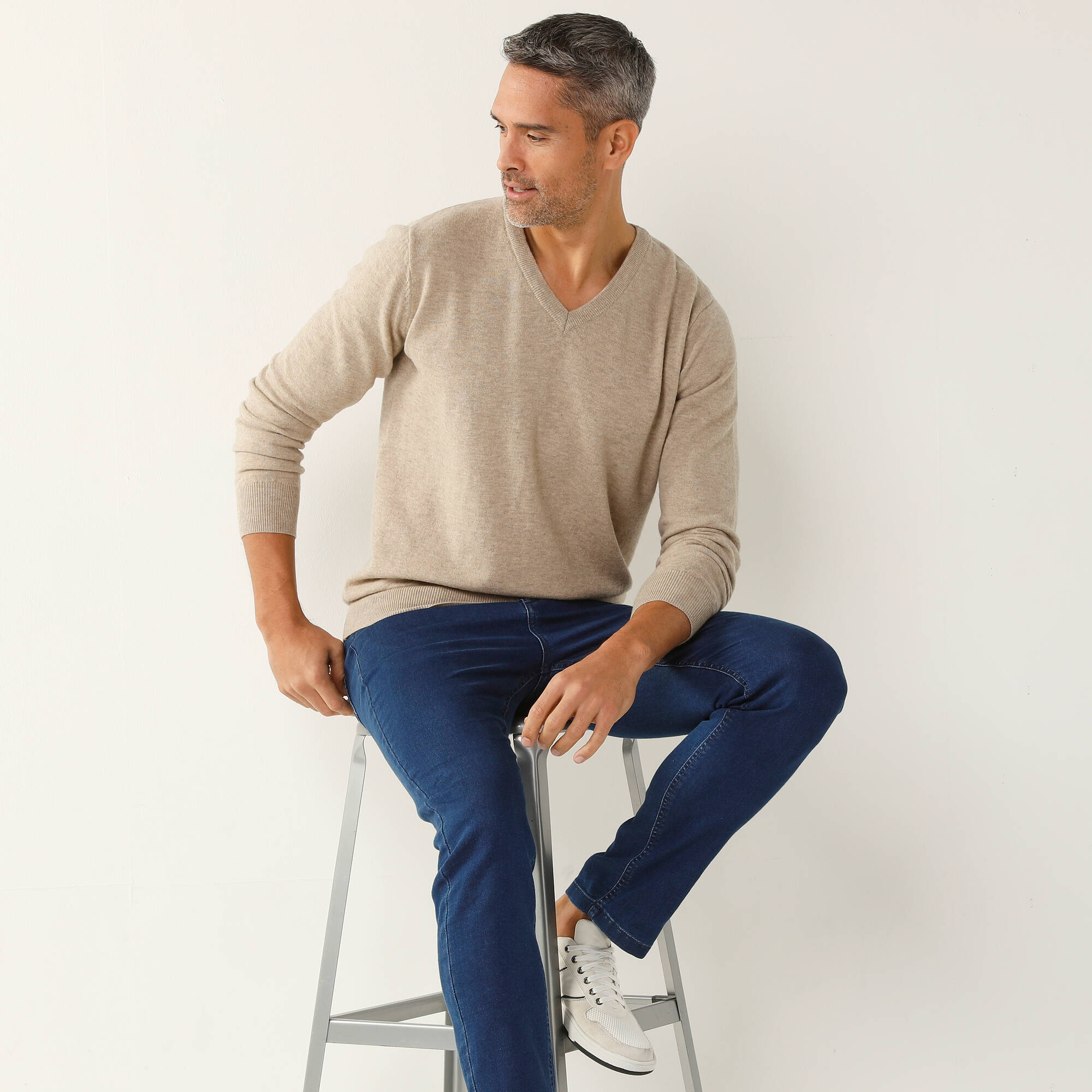 Pull pur coton col V manches longues - Blancheporte 14 €
