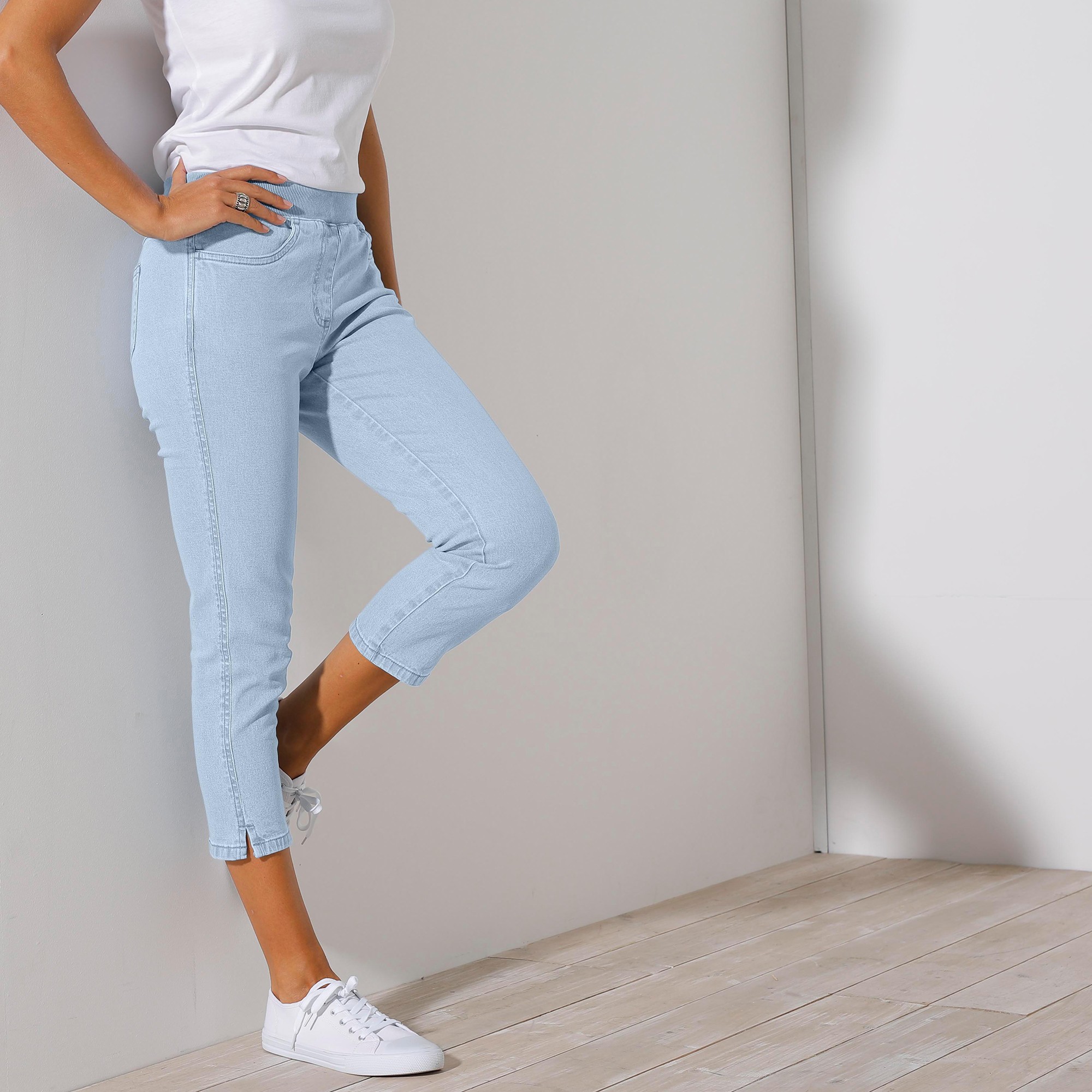 Pantacourt jean taille lastiqu e bleached Blancheporte