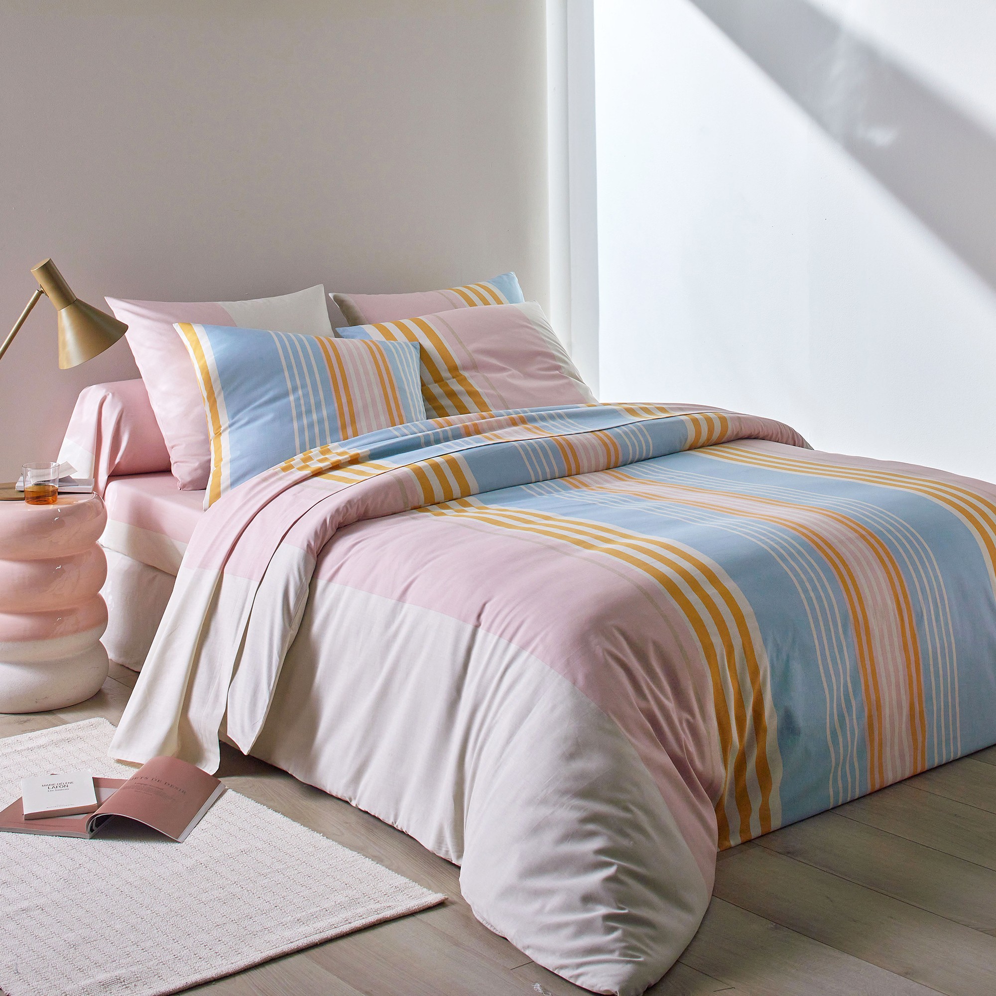 Linge de lit Détroit en coton imprimé rayures - Drap Plat 2 Personnesonnes : 270x300cm - Rose - Colo