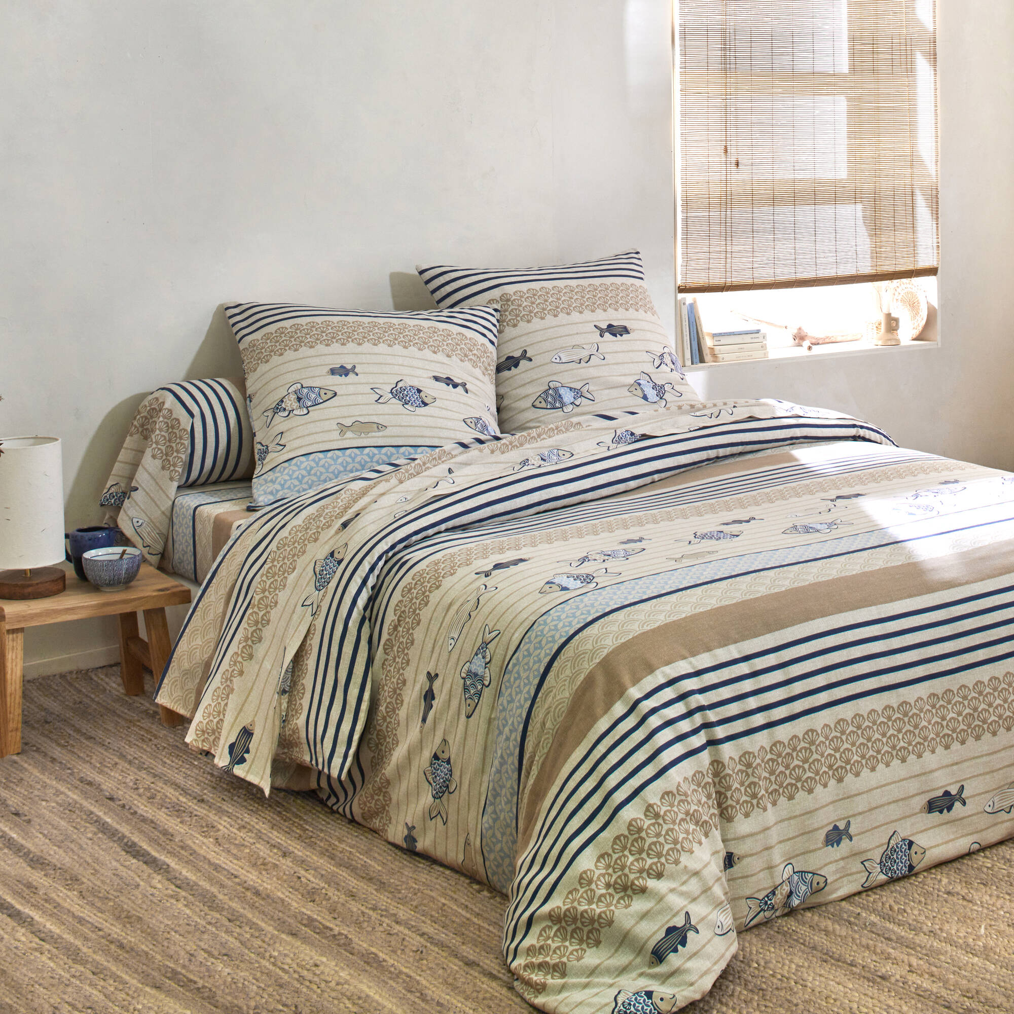 Linge de lit Riviera en coton imprimé poissons - Blancheporte