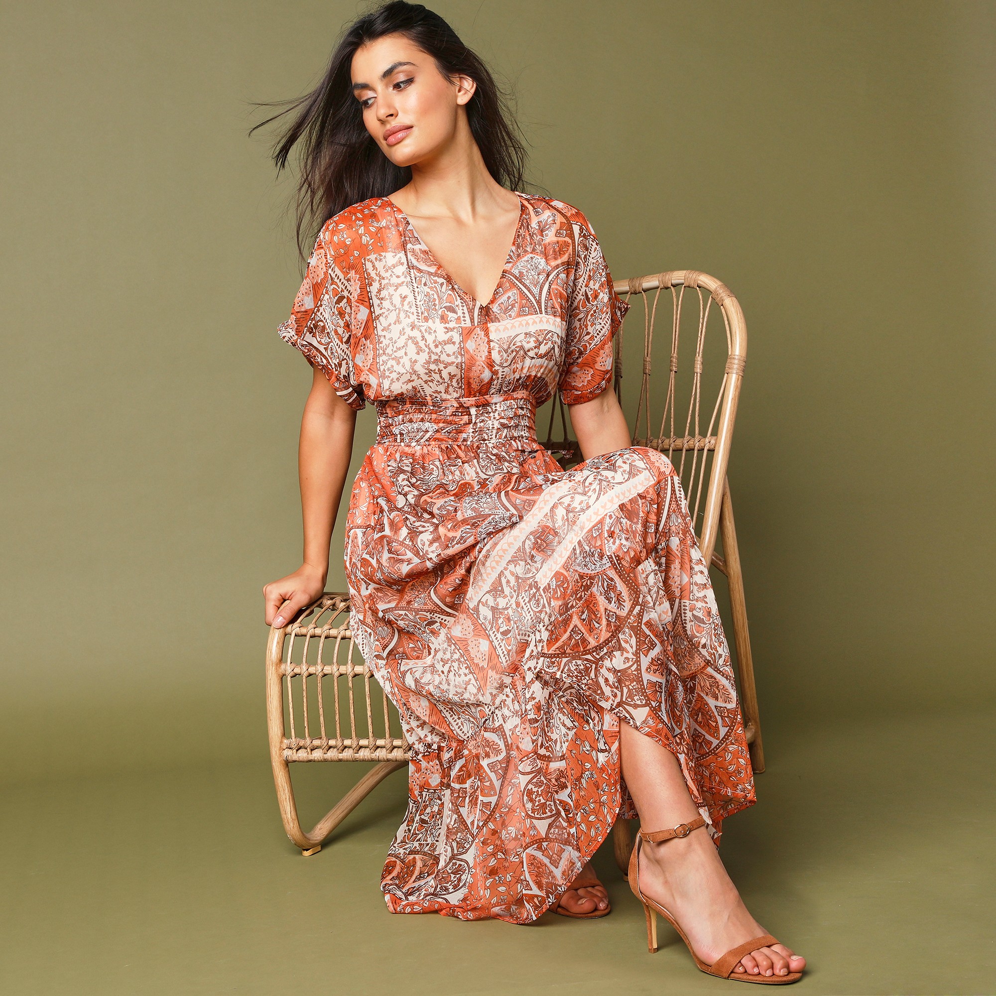 Robe longue imprimée, voile - 52 - Écru - Lora Zellini