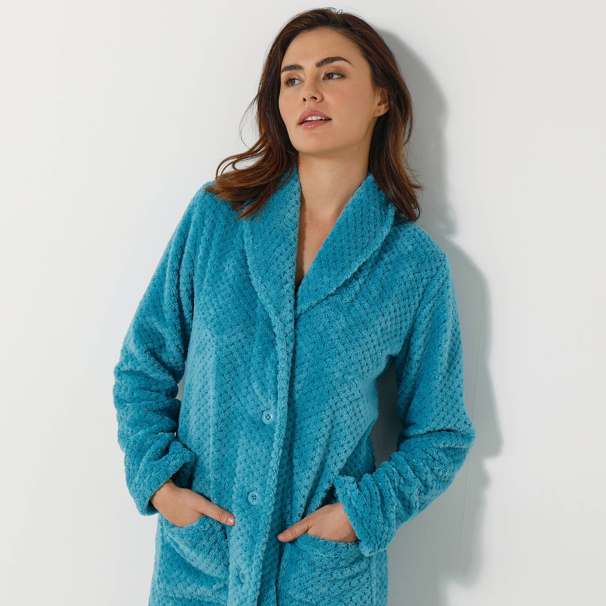 Robe de chambre maille polaire col chale longueur 120 cm turquoise Blancheporte