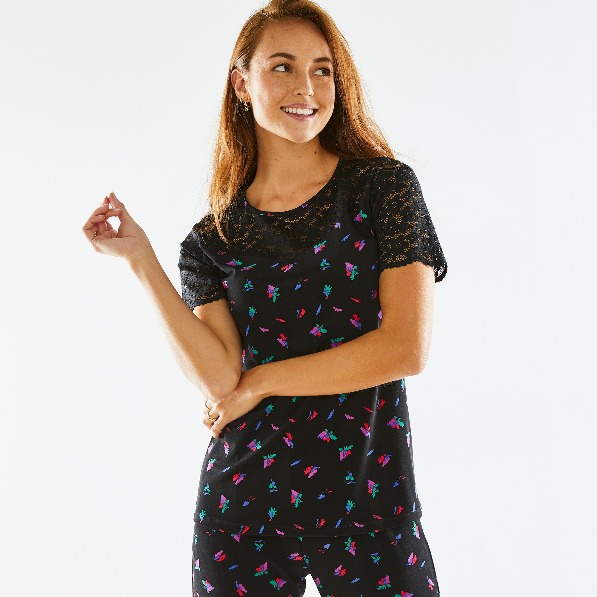 T-shirt Empiècement Dentelle Col Rond Manches Courtes, Imprimé - Blancheporte