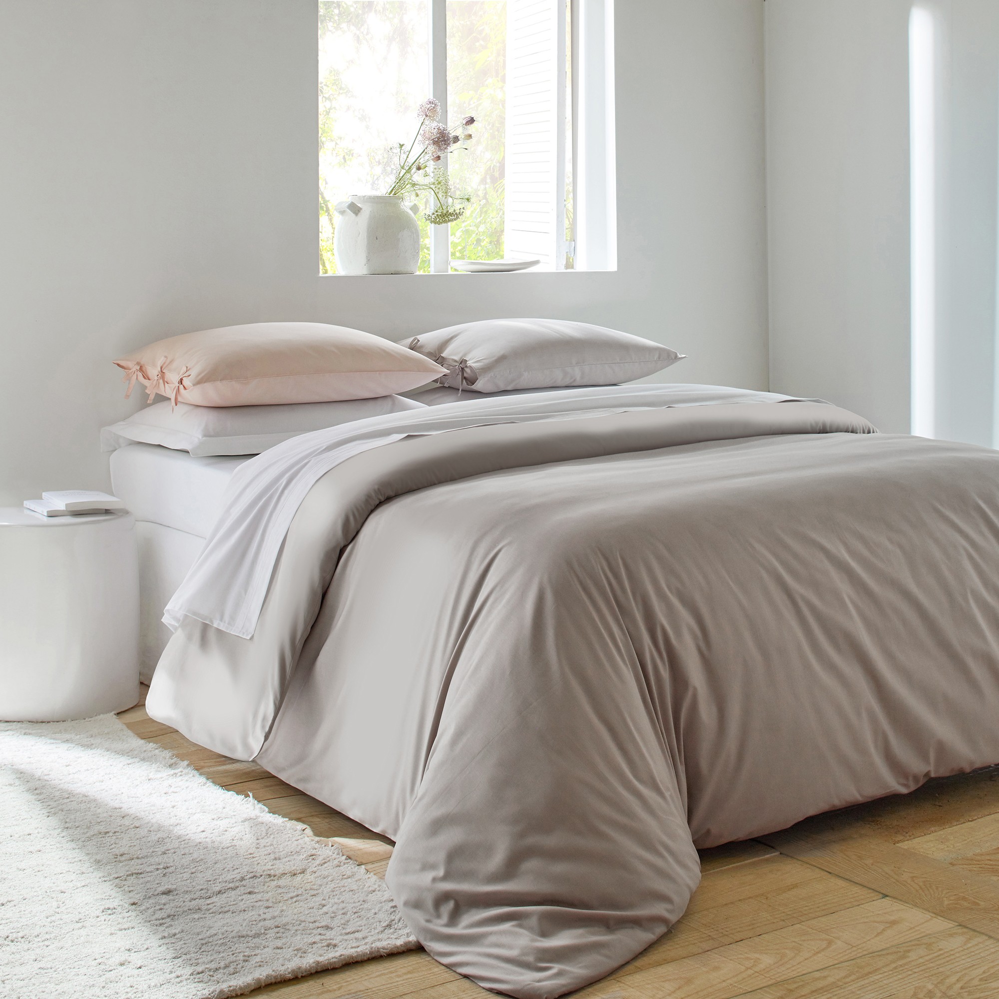 Linge de lit uni percale - Taie D'oreiller Volant Plat : 63x63cm - Taupe - Colombine
