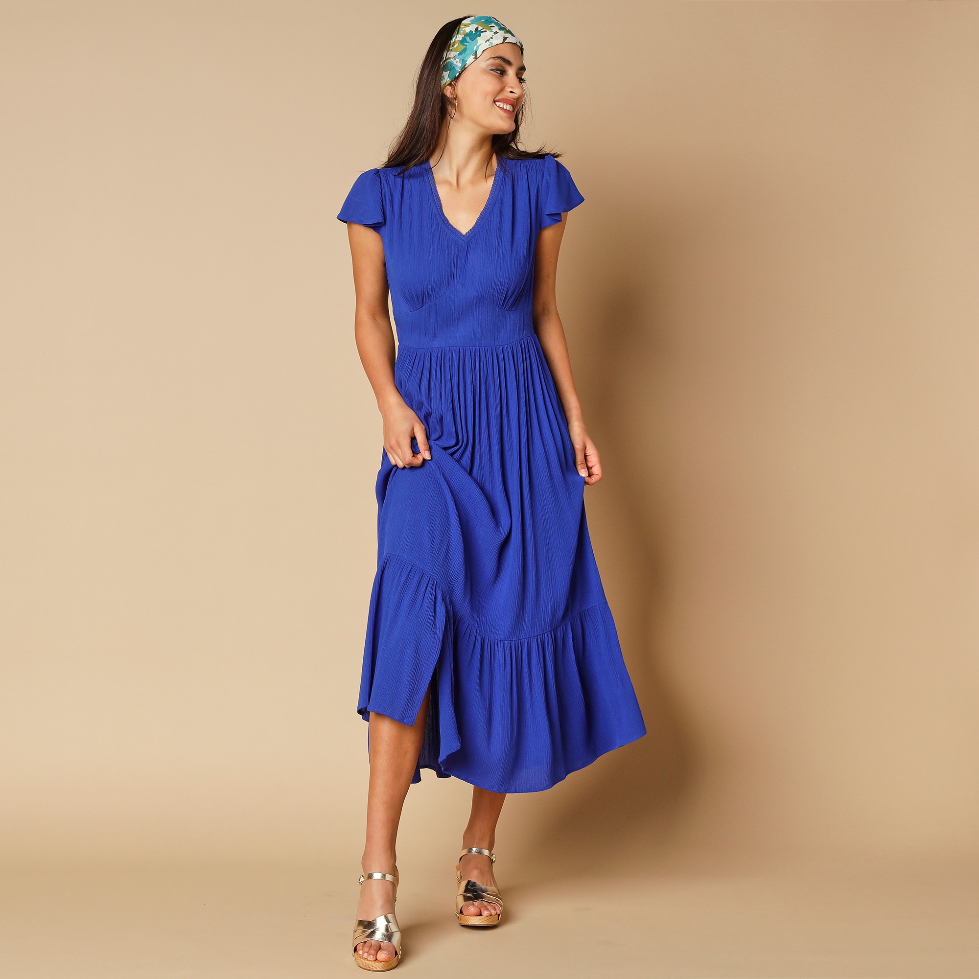 Robe longue unie - 52 - Bleu - Lora Zellini