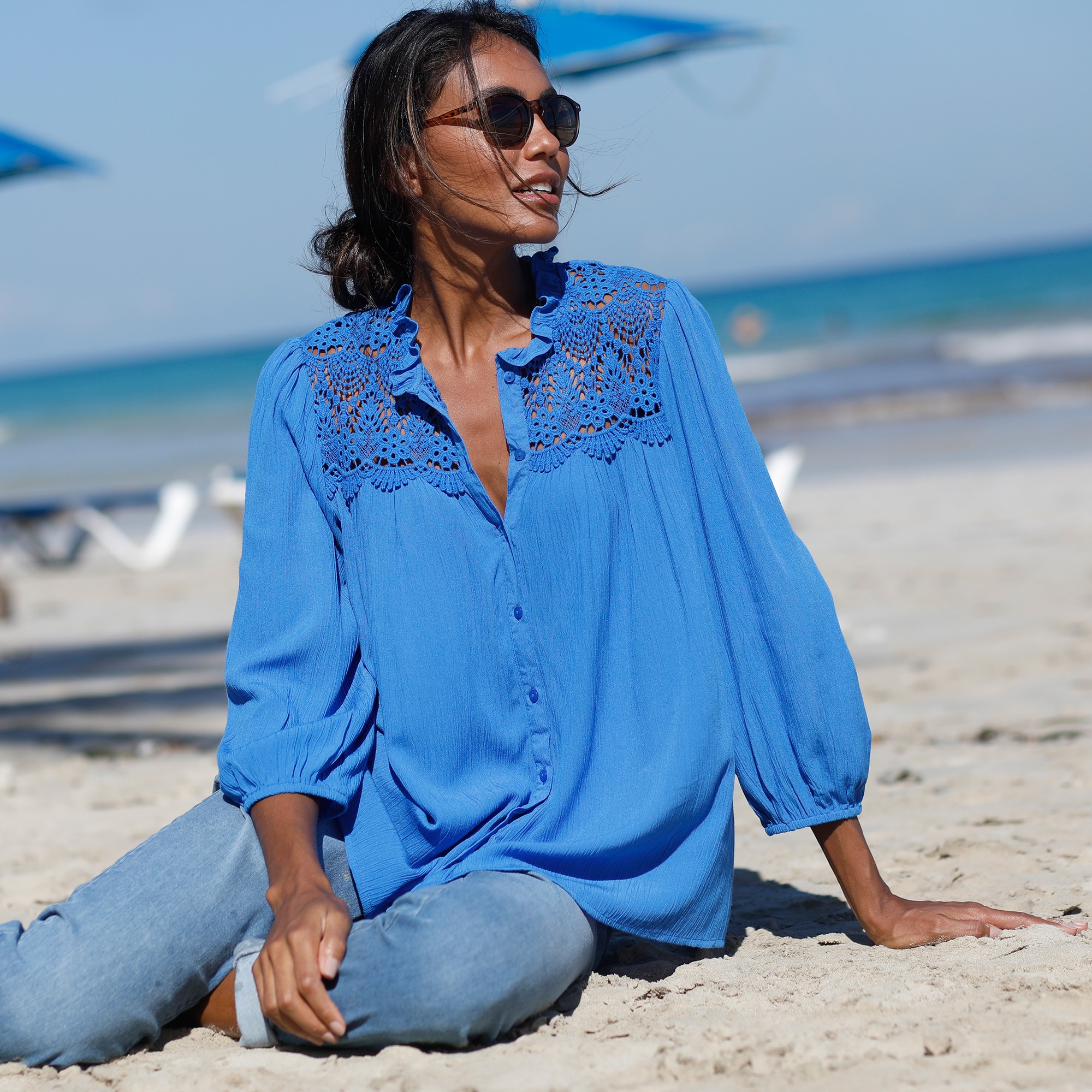 Chemisier Boutonné Macramé, Col Volanté - Blancheporte