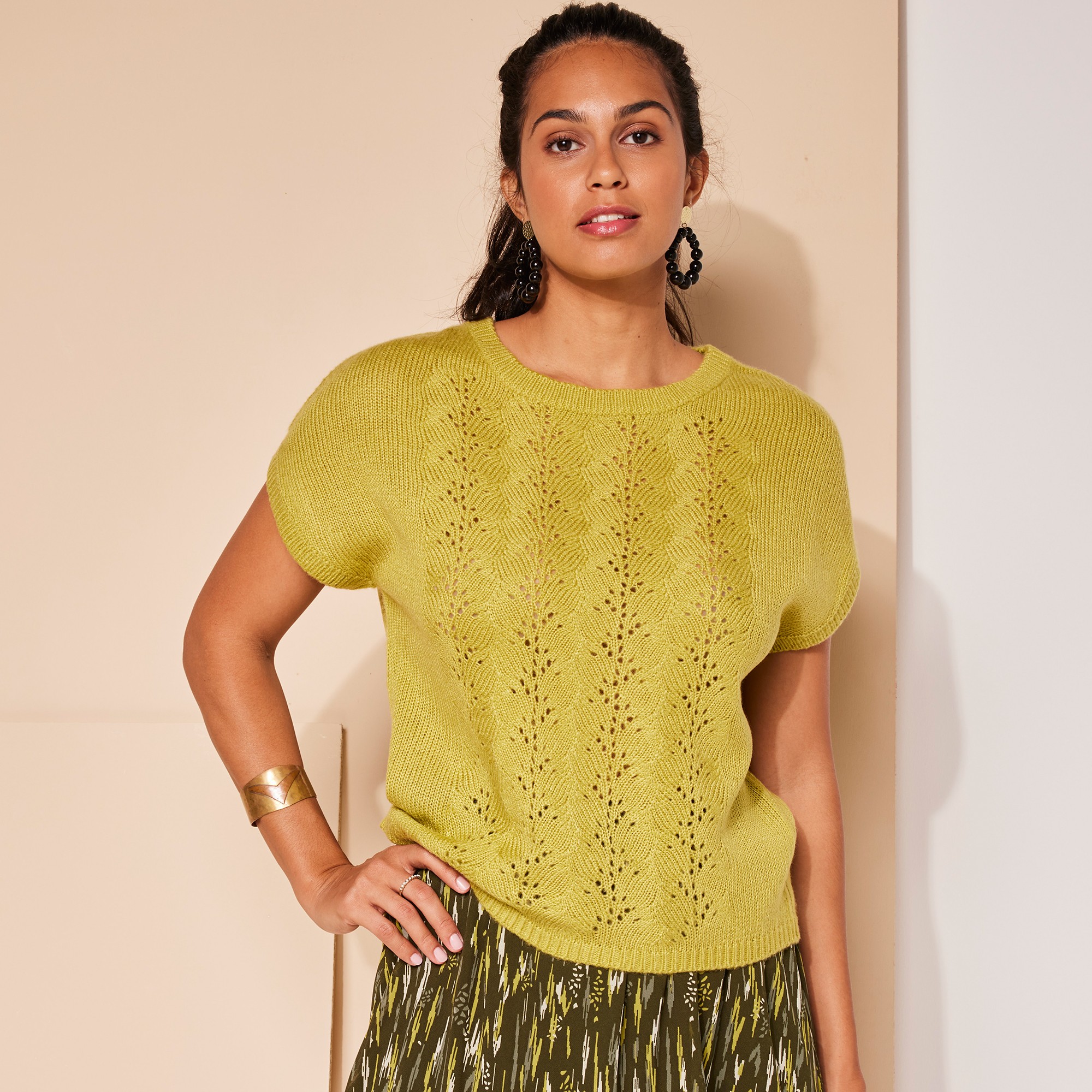 Pull Manches Courtes, Maille Ajourée Toucher Mohair - Blancheporte