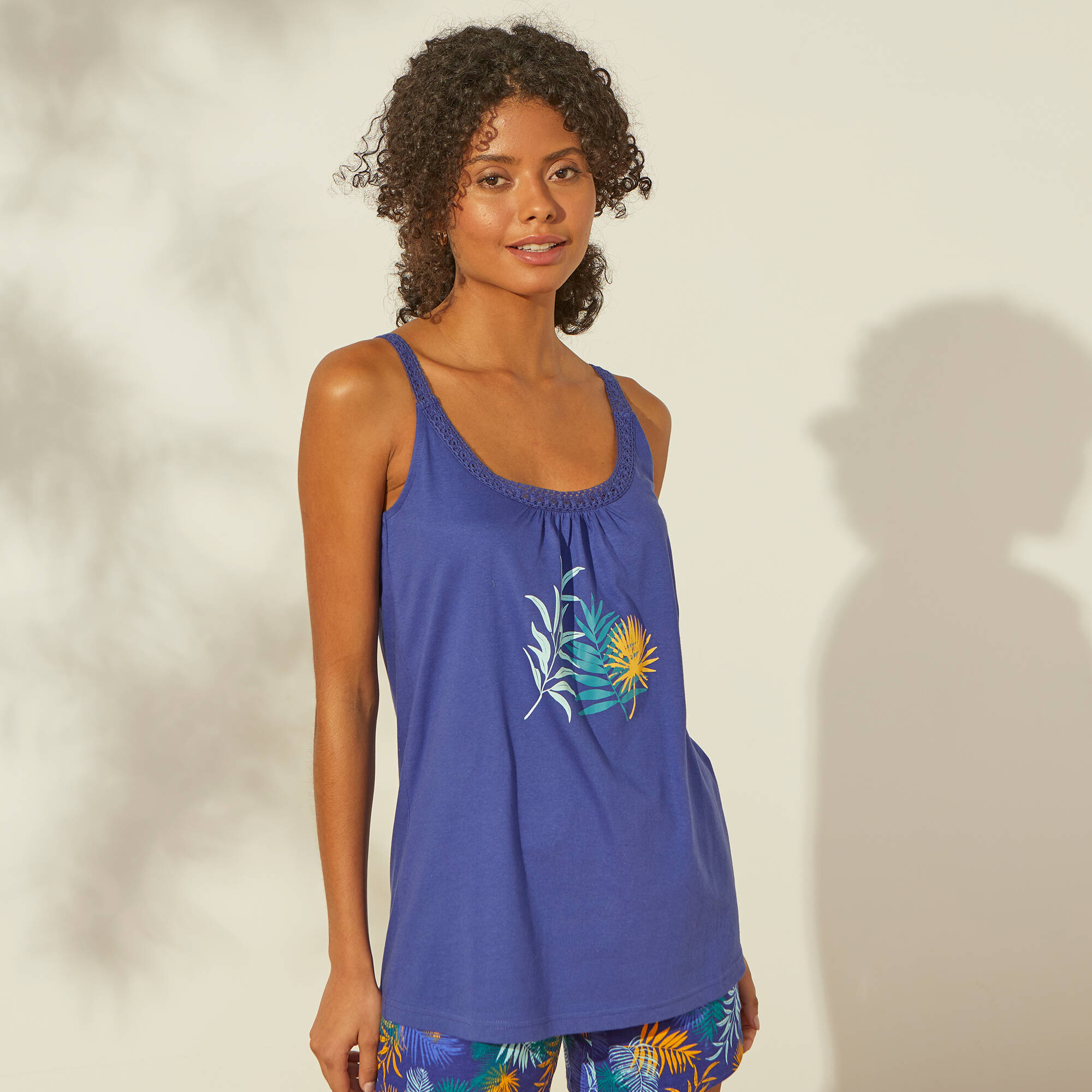 Top de pyjama en coton et macramé - uni tropical - Blancheporte