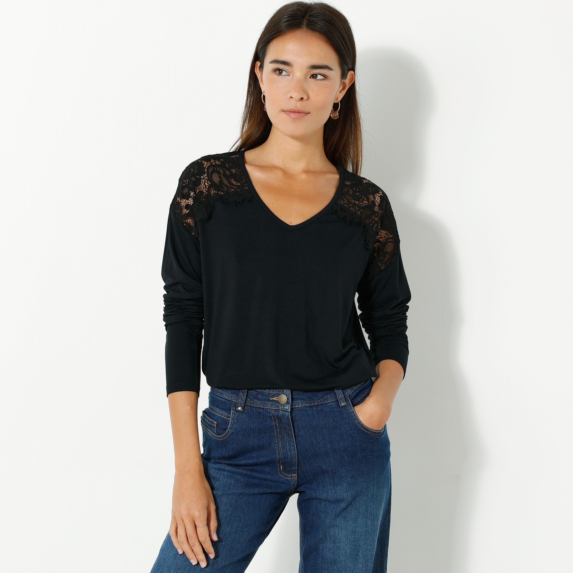 T-shirt Col V Manches Longues Dentelle - Blancheporte