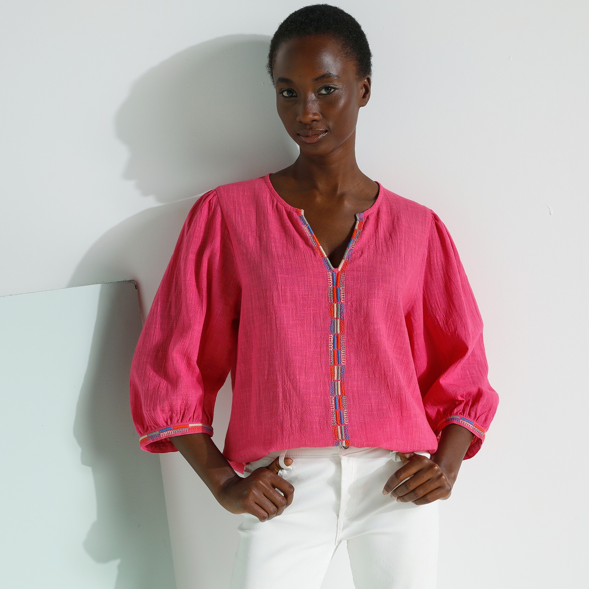 Blouse Brodée En Coton Unie, Manches 3/4 - Blancheporte