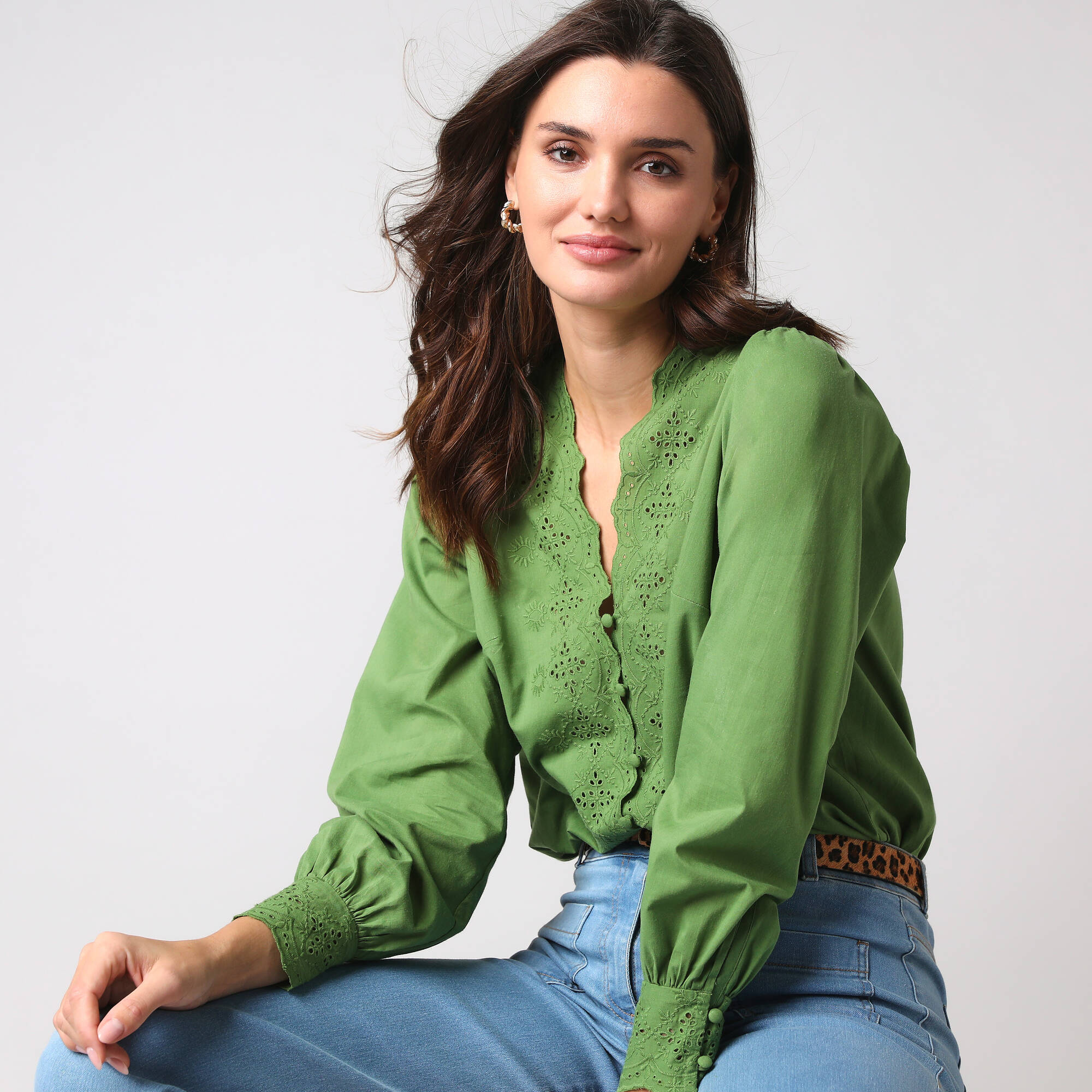 Blouse Verte Et Blanche Taille 46 – Manches Trois-quarts – Occasion Très Bon état