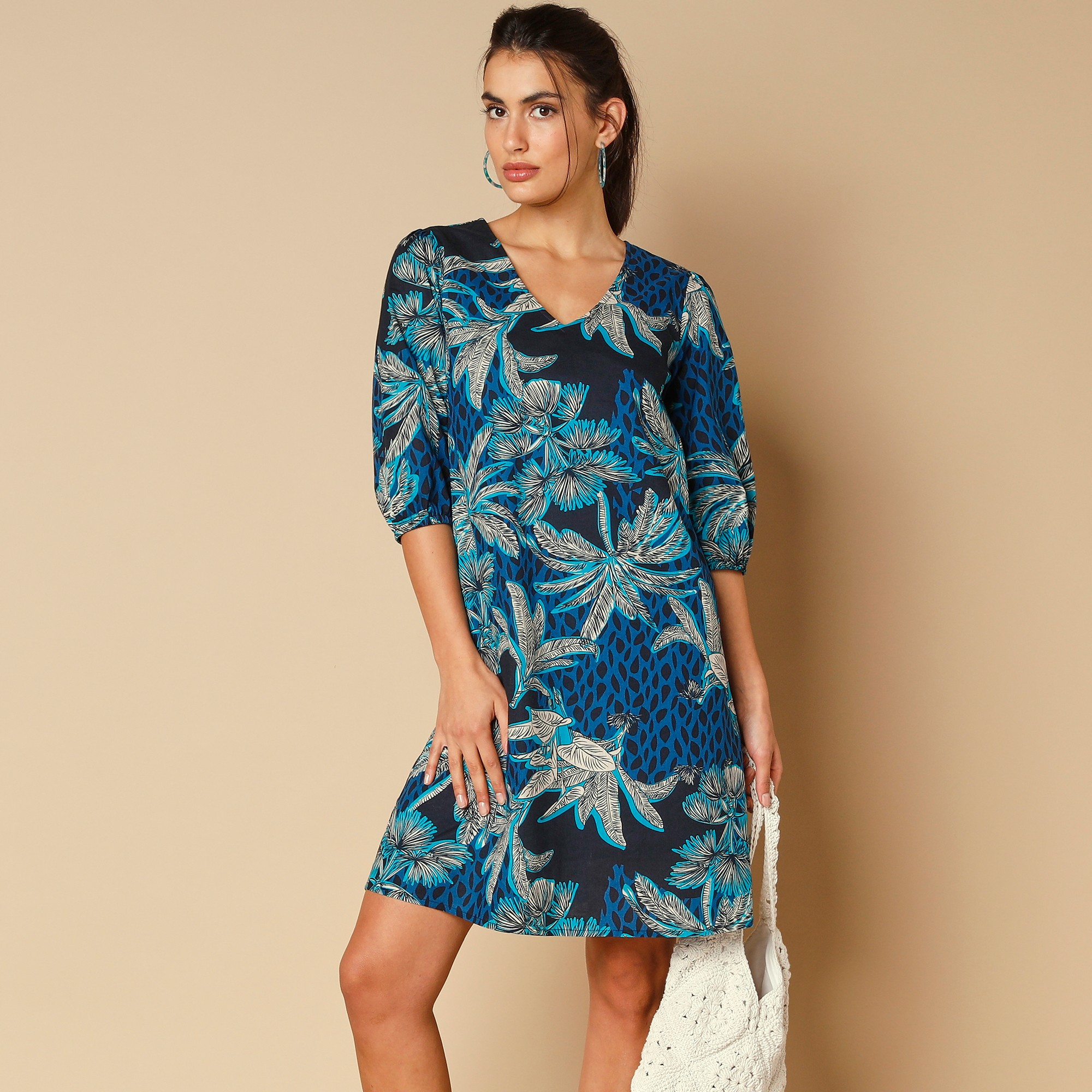 Robe housse imprimée, coton bio** - 50 - Bleu - Lora Zellini
