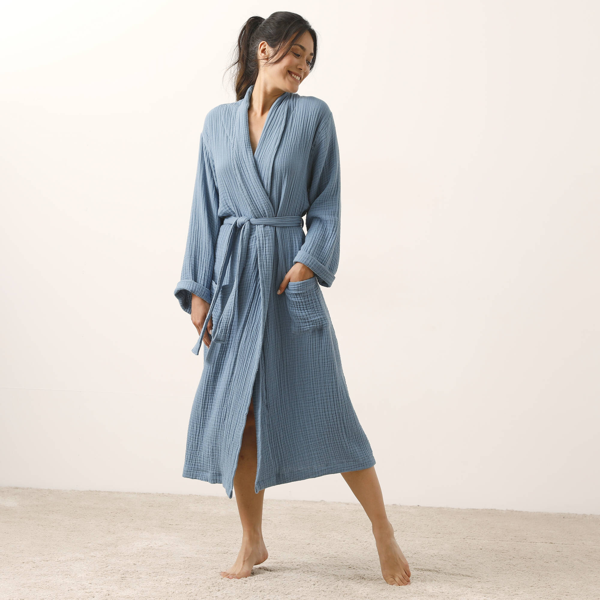 Peignoir uni en triple gaze de coton bleu Blancheporte
