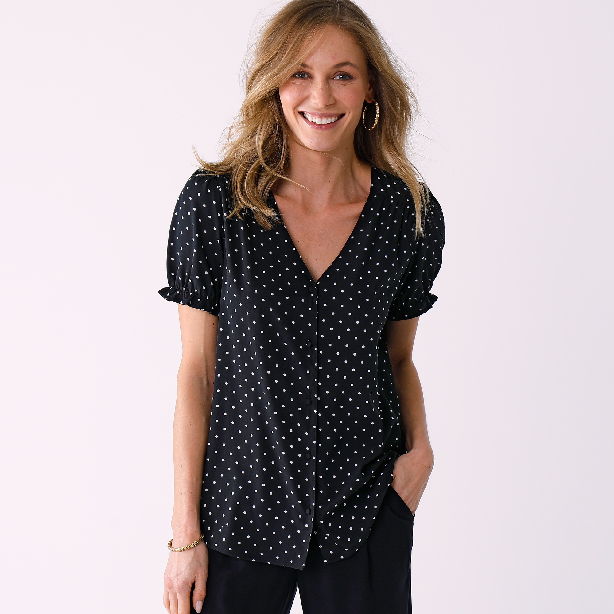 Chemisier Boutonné Manches Blousantes Imprimé Pois - Blancheporte