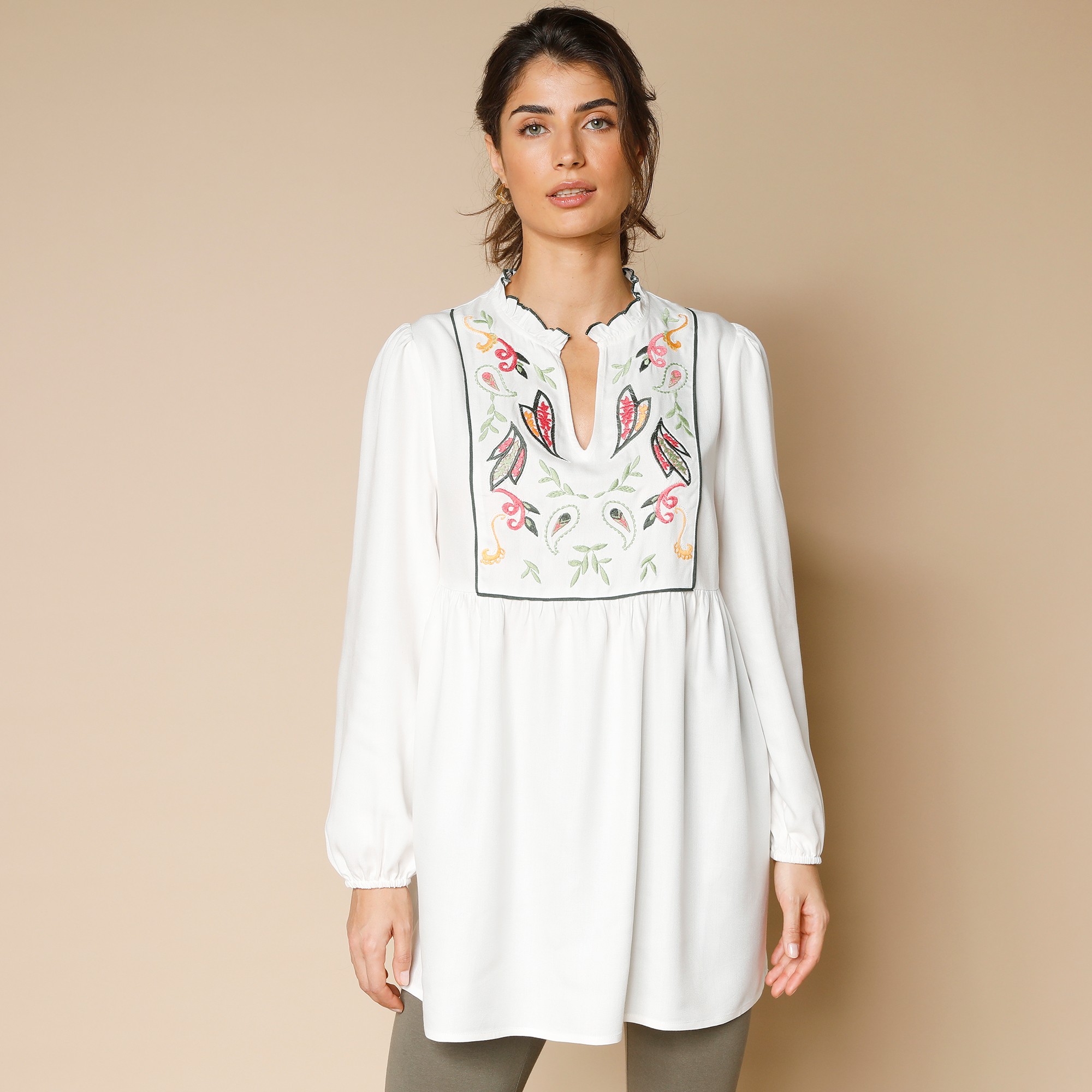 Blouse brodée manches longues - 36 - Écru - Lora Zellini