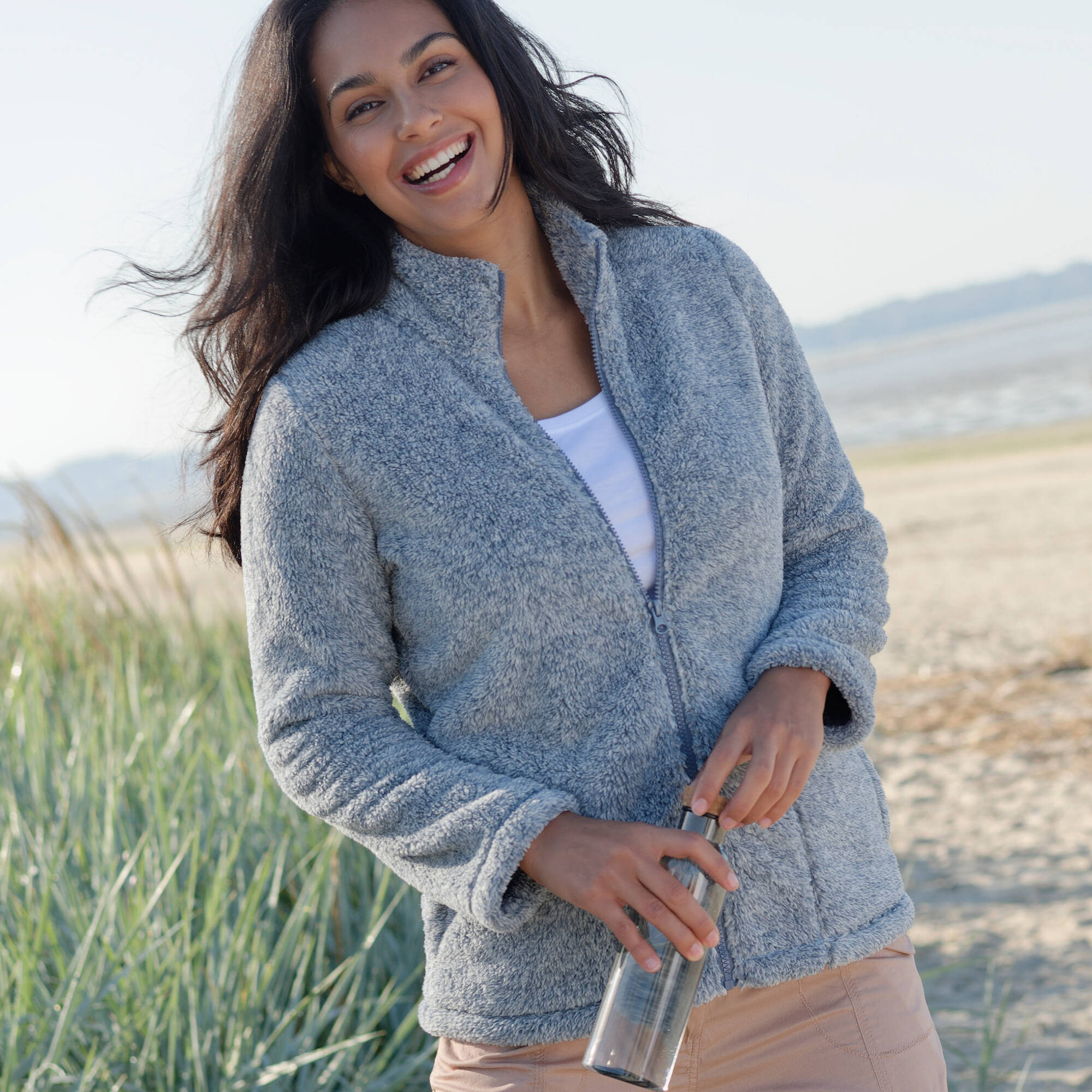 Veste zippee manches longues maille peluche bleu prusse chine Blancheporte